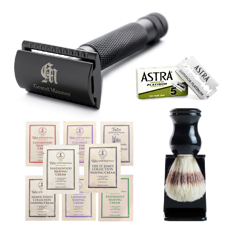 ★ 65折 ★ Grand Manner 特務系列 復古雙面安全手動刮鬍刀 4件組（槍管黑 / 傳統老式雙刃刮鬍刀片）