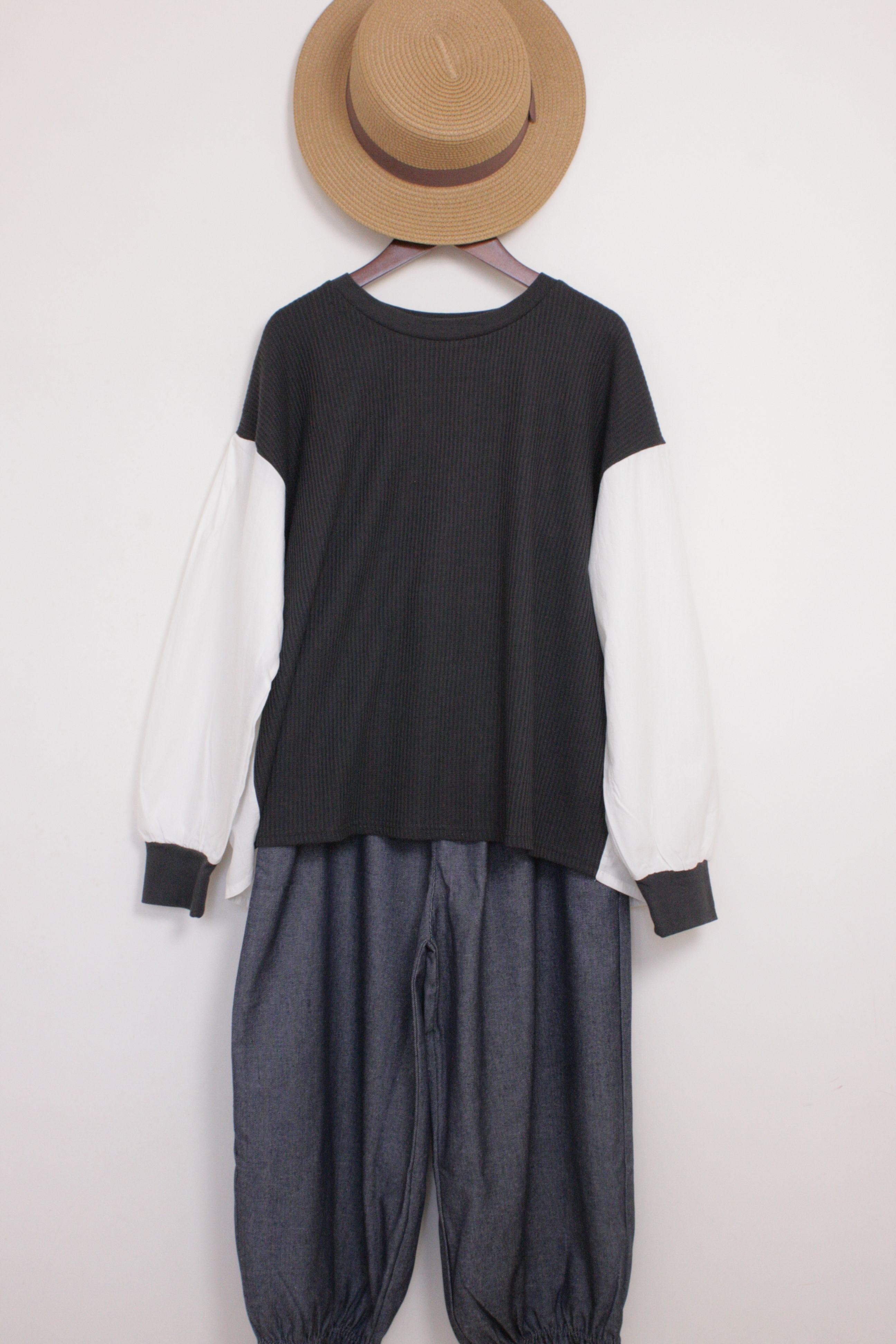 {Special Price} 泡泡袖褶皺拼色襯衫(兩色入)【日本直送】