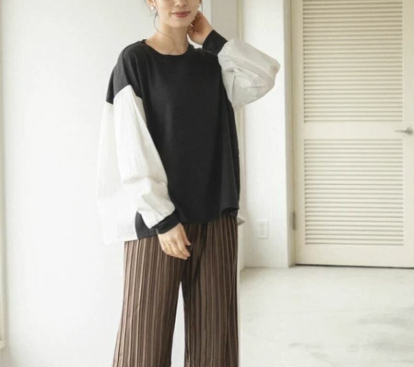 {Special Price} 泡泡袖褶皺拼色襯衫(兩色入)【日本直送】