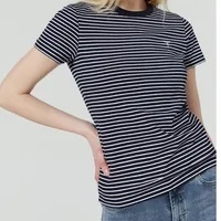 [IMPERFECTION] GUESS WOMEN'S MINI LOGO STRIPE SHORT SLEEVE T-SHIRT,NAVY, YN2K9468-NVY [FINAL SALE] (SDF1249)