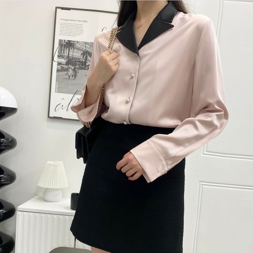 復古緞面撞色襯衫