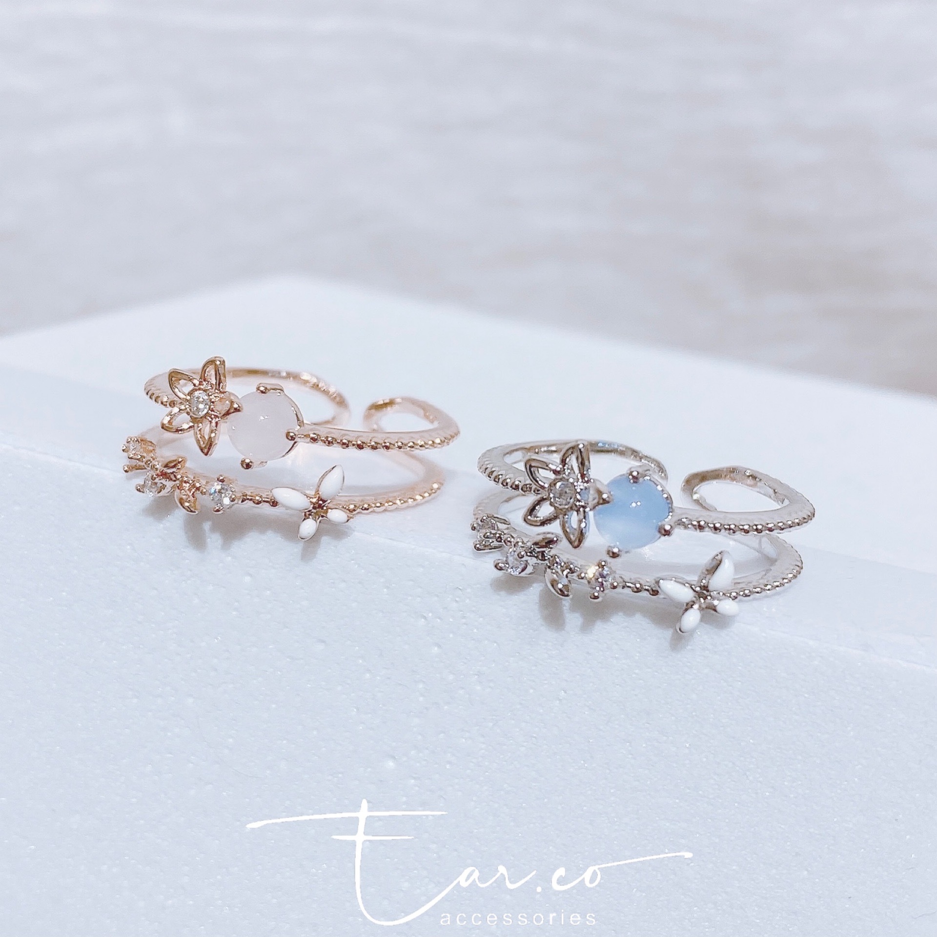 蛋白石小花白色蝴蝶雙層戒指 #E142