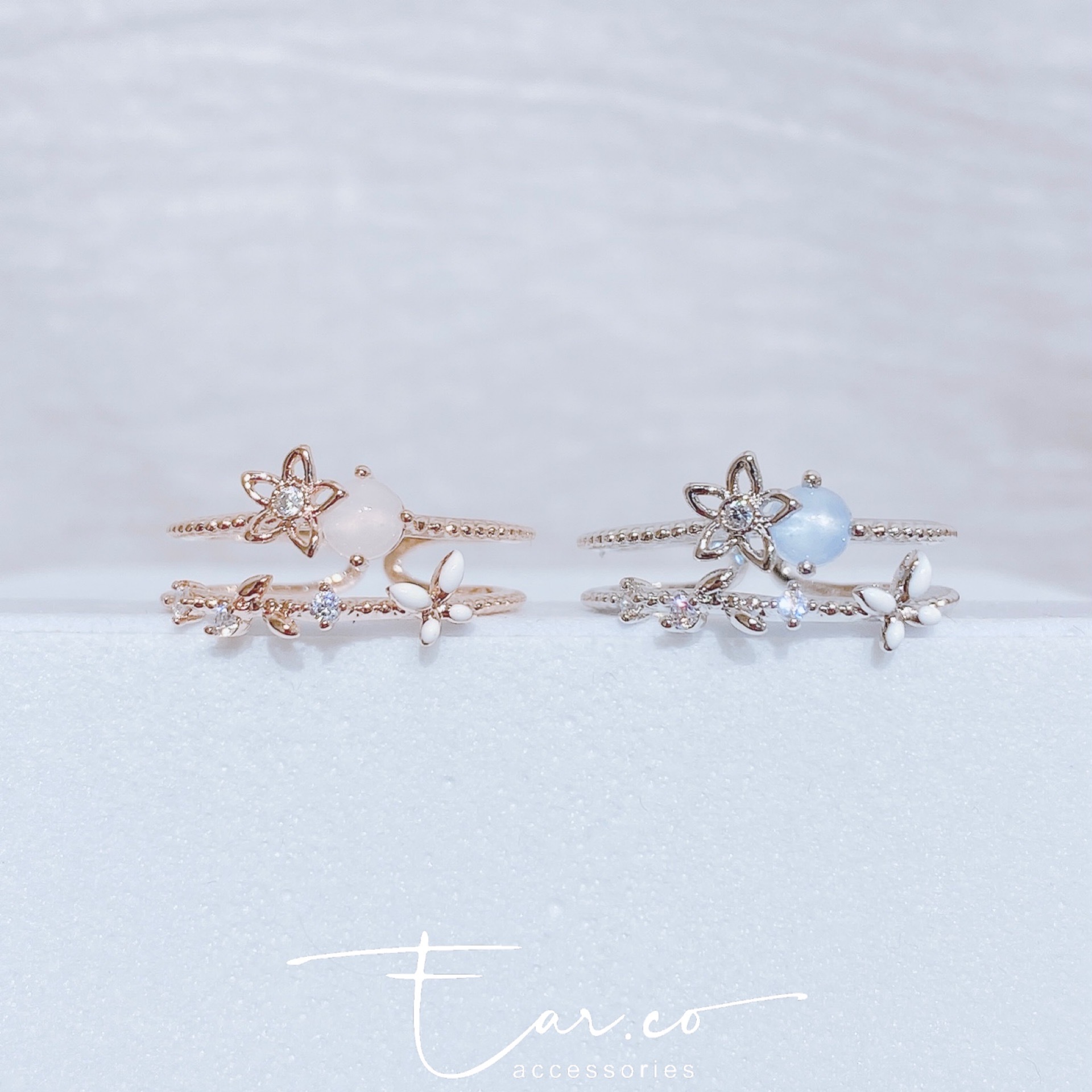 蛋白石小花白色蝴蝶雙層戒指 #E142