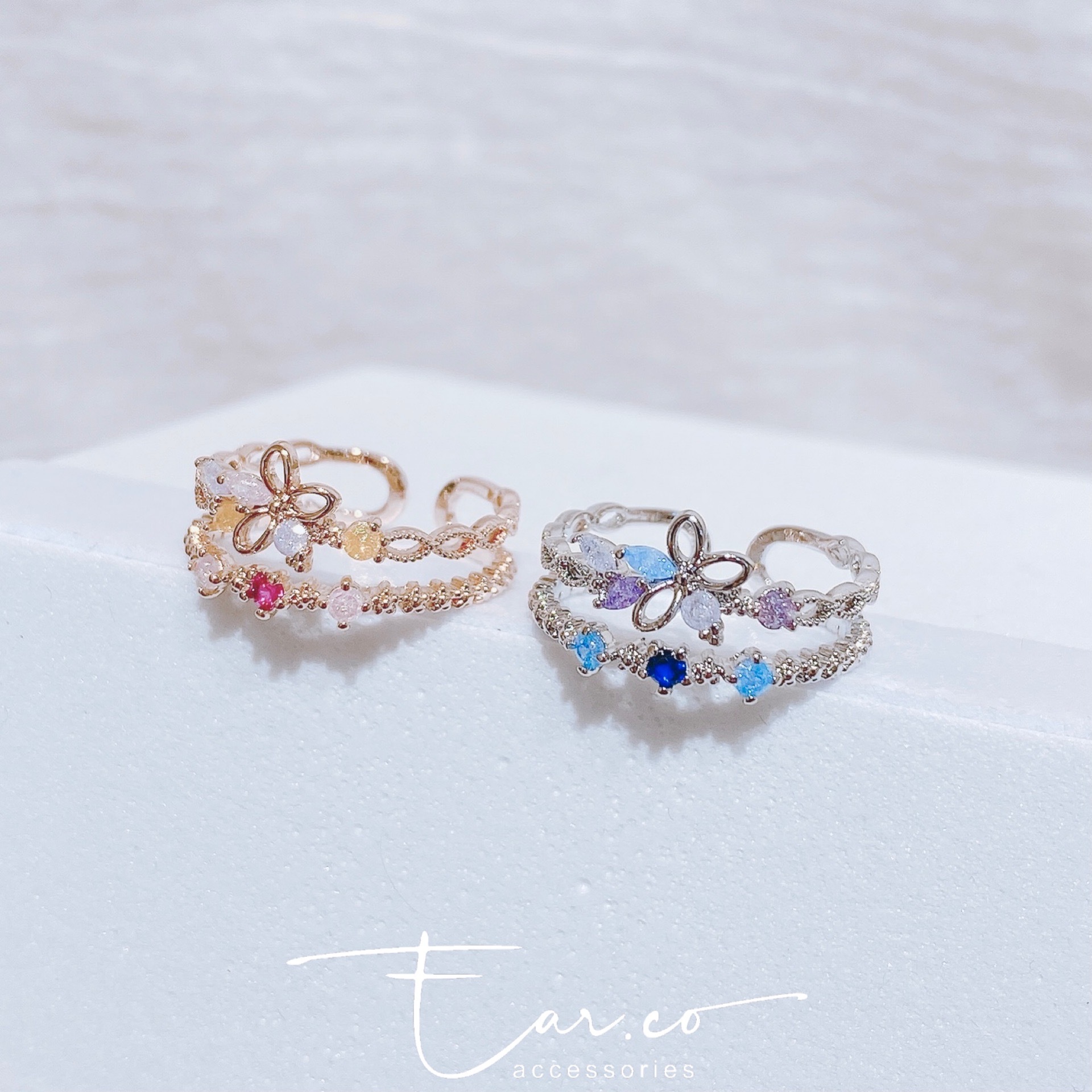 褸空彩色花花雙層戒指 #E175