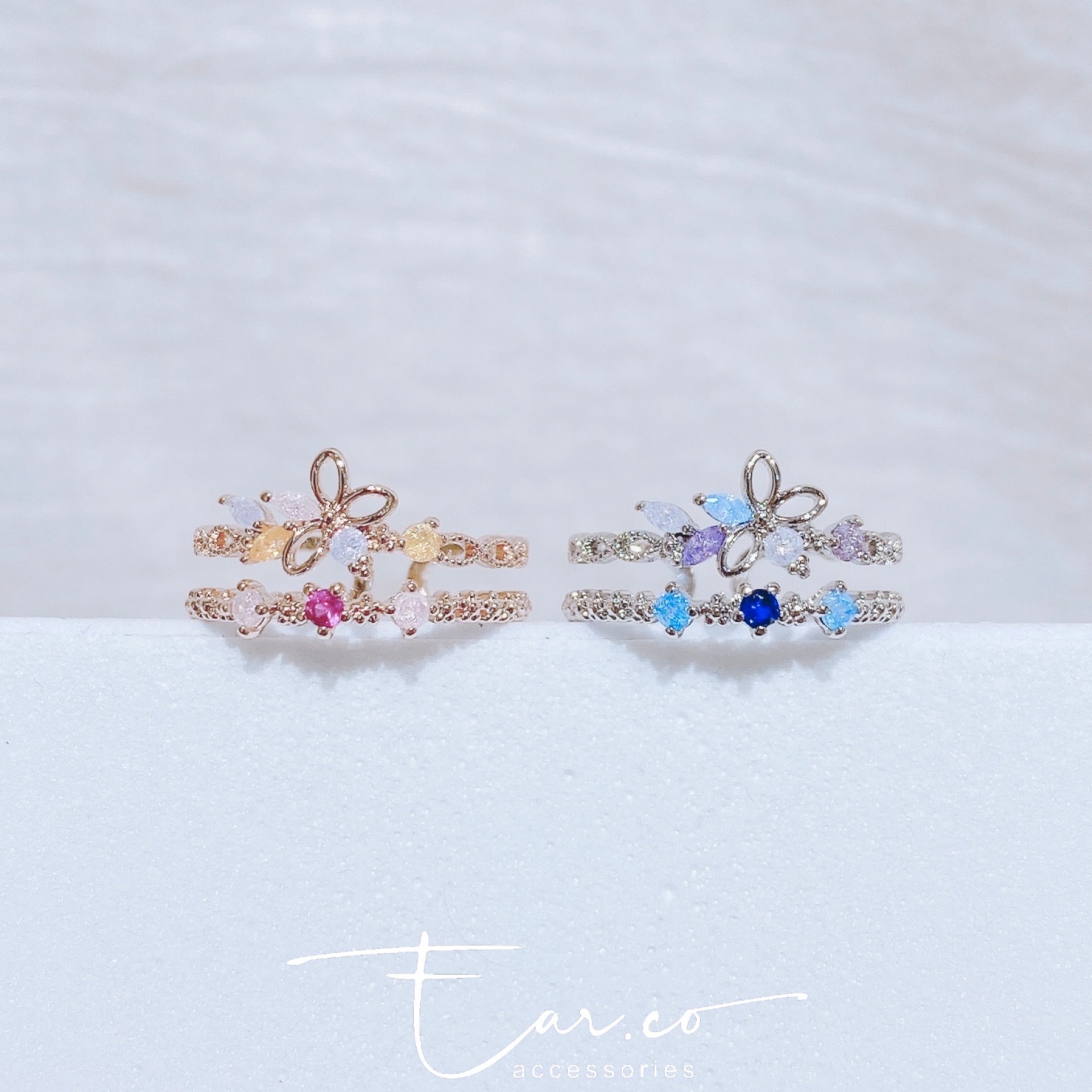 褸空彩色花花雙層戒指 #E175