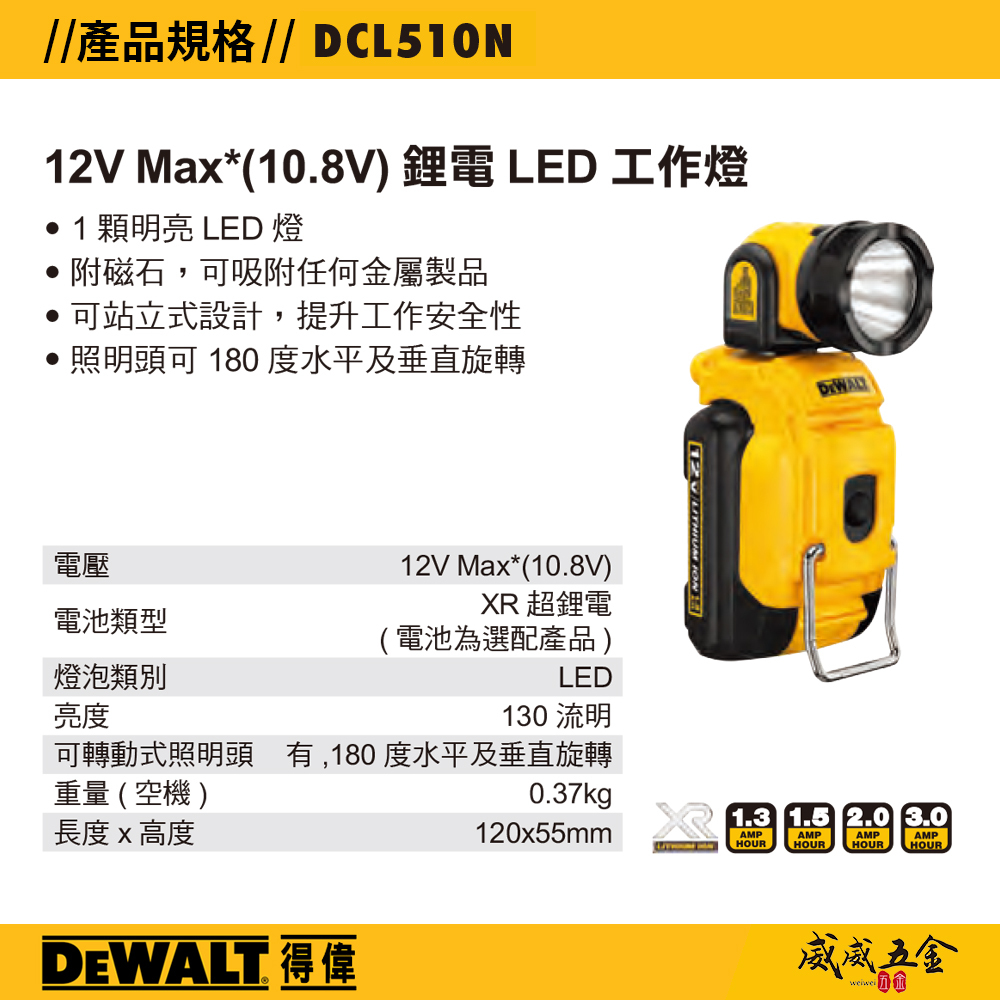 DEWALT 美國 得偉｜10.8V 鋰電超強光工作燈 充電LED燈 探照燈｜單機身-無電池｜DCL510N DCL510 DCL510B｜公司貨
