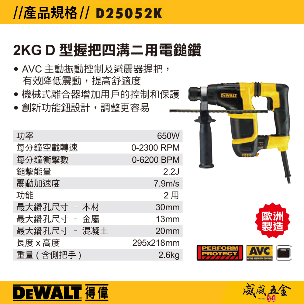 DEWALT 美國 得偉｜ 2KG D型握把 超強力插電電鎚鑽 插電式四溝二用電鎚鑽｜D25052K｜公司貨