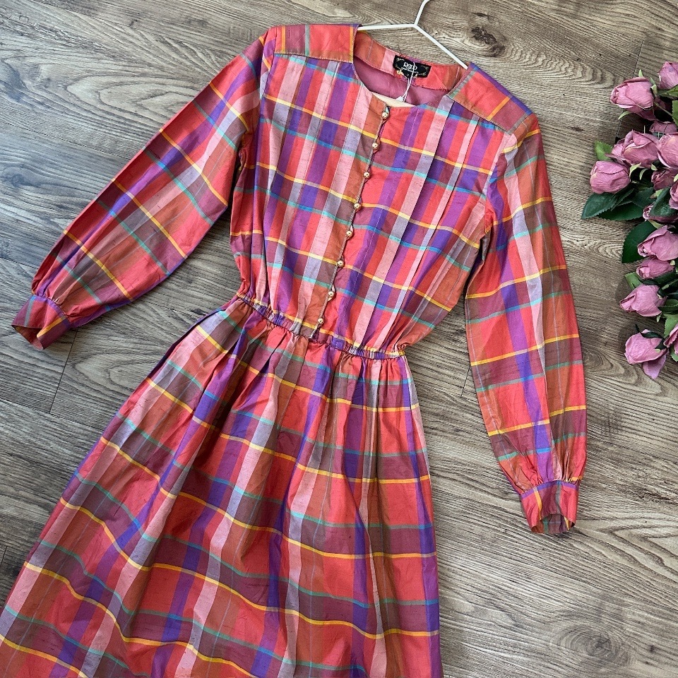 日本製橙紅色格紋連身裙