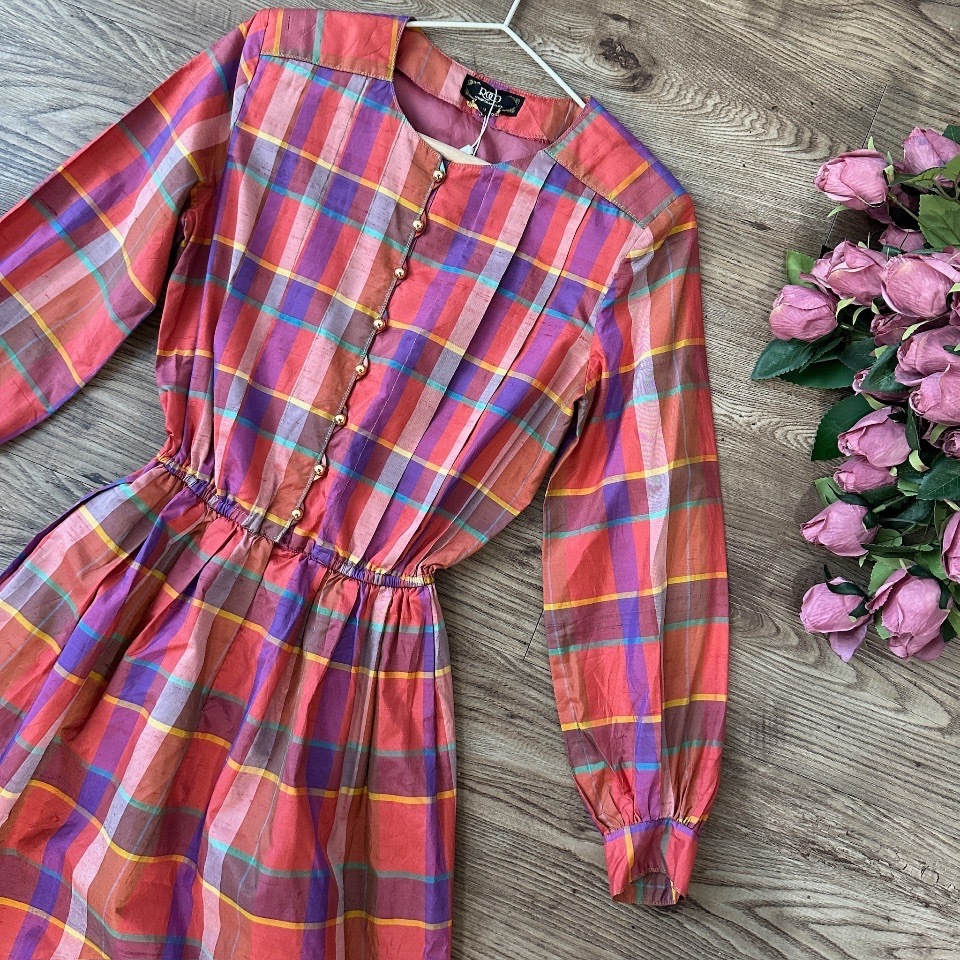 日本製橙紅色格紋連身裙