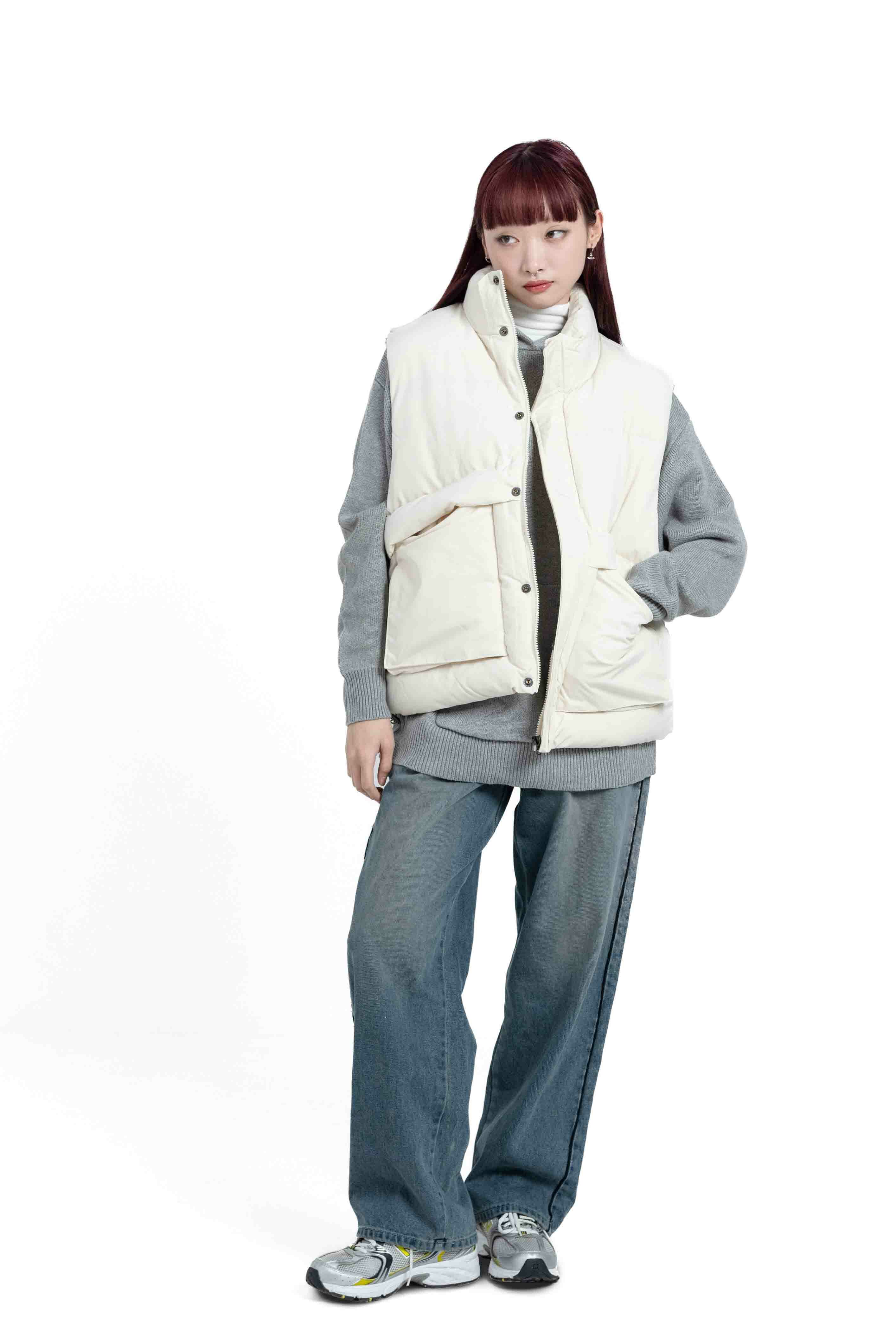 韓國 Unisex 寬鬆 抽繩 大口袋 羽絨 背心