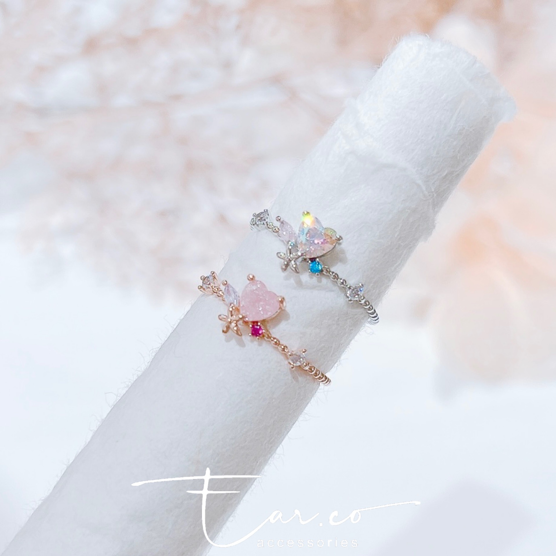 愛心三爪水晶小花開口尾戒 #E212