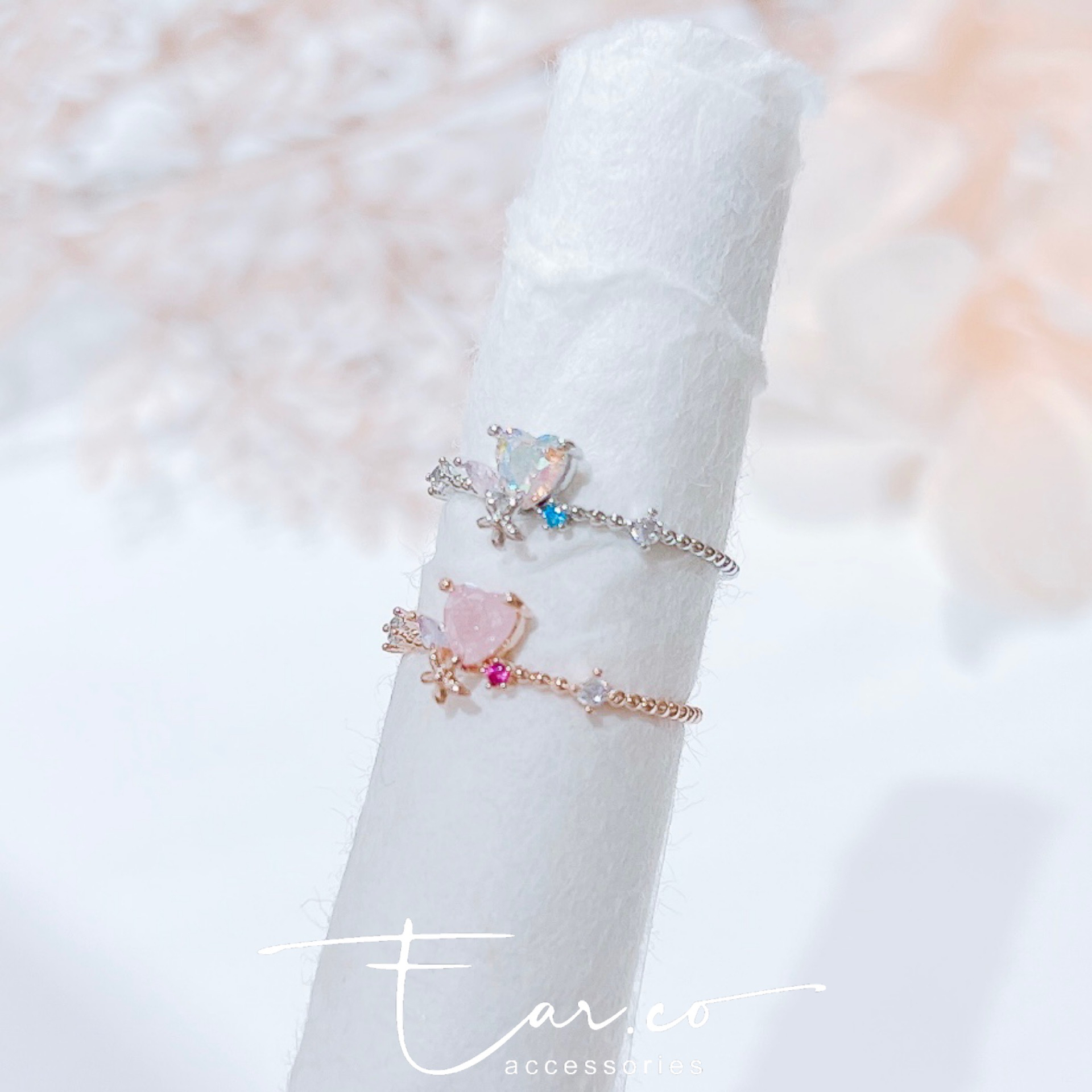 愛心三爪水晶小花開口尾戒 #E212