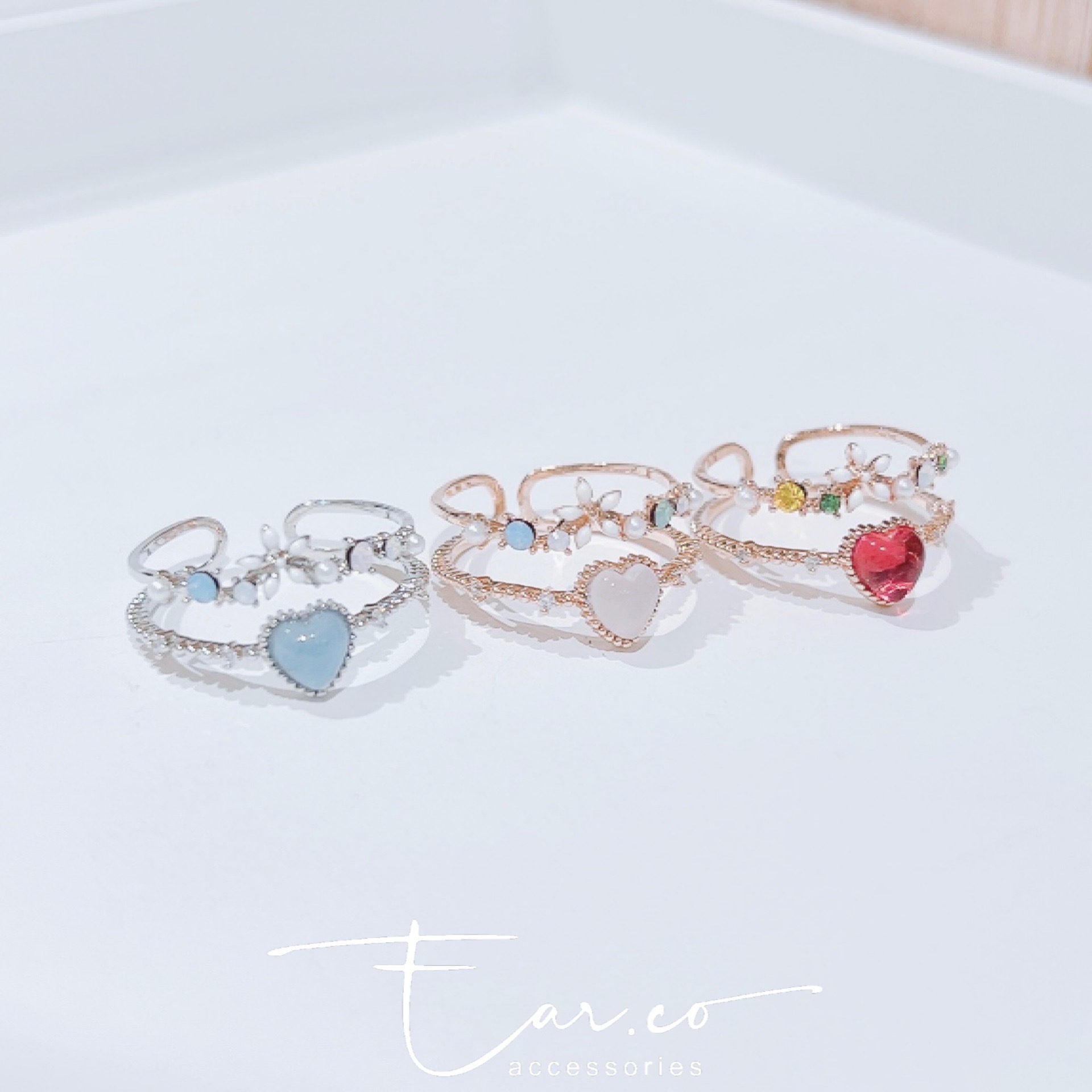 白色小花包邊愛心雙層開口戒指 #E203