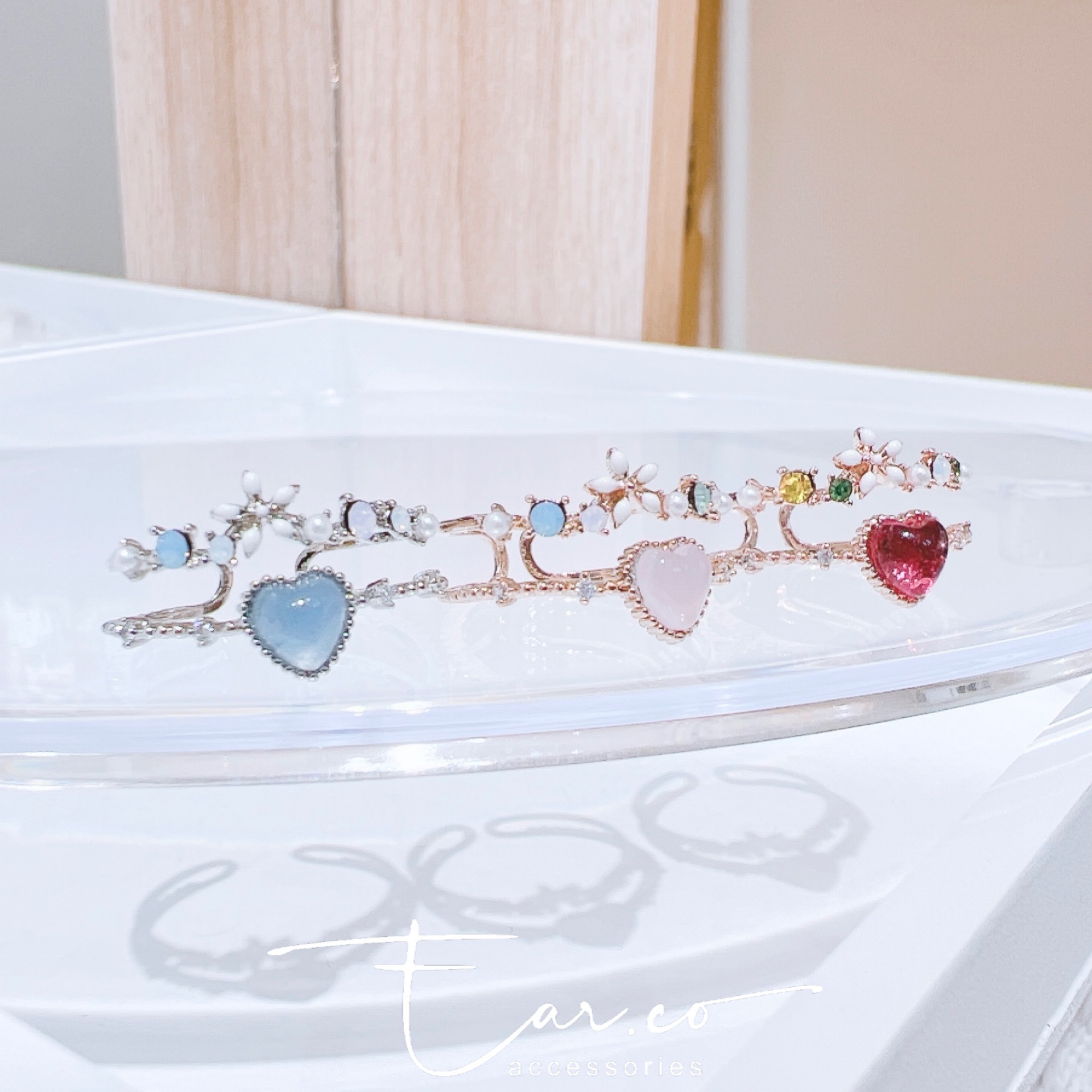 白色小花包邊愛心雙層開口戒指 #E203