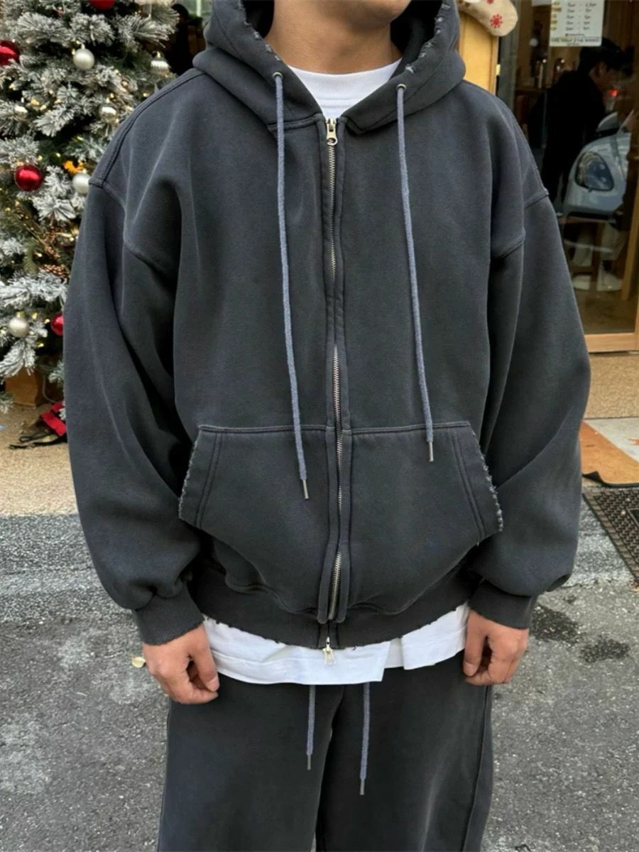 淨色洗水破邊連帽拉鍊外套(薄抓毛底) PEPPER-013JK