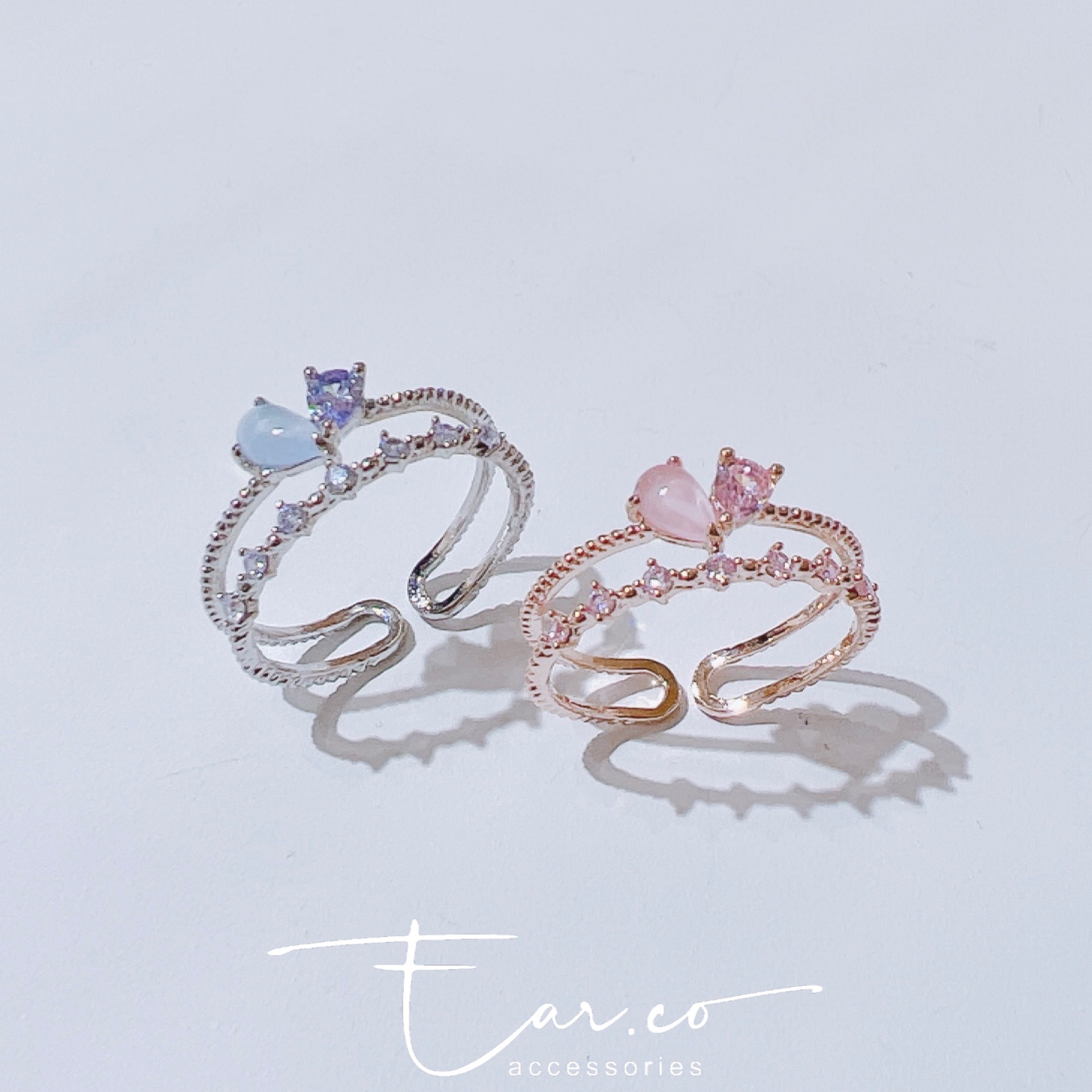 拼色愛心蛋白石水晶雙層開口戒指 #E184