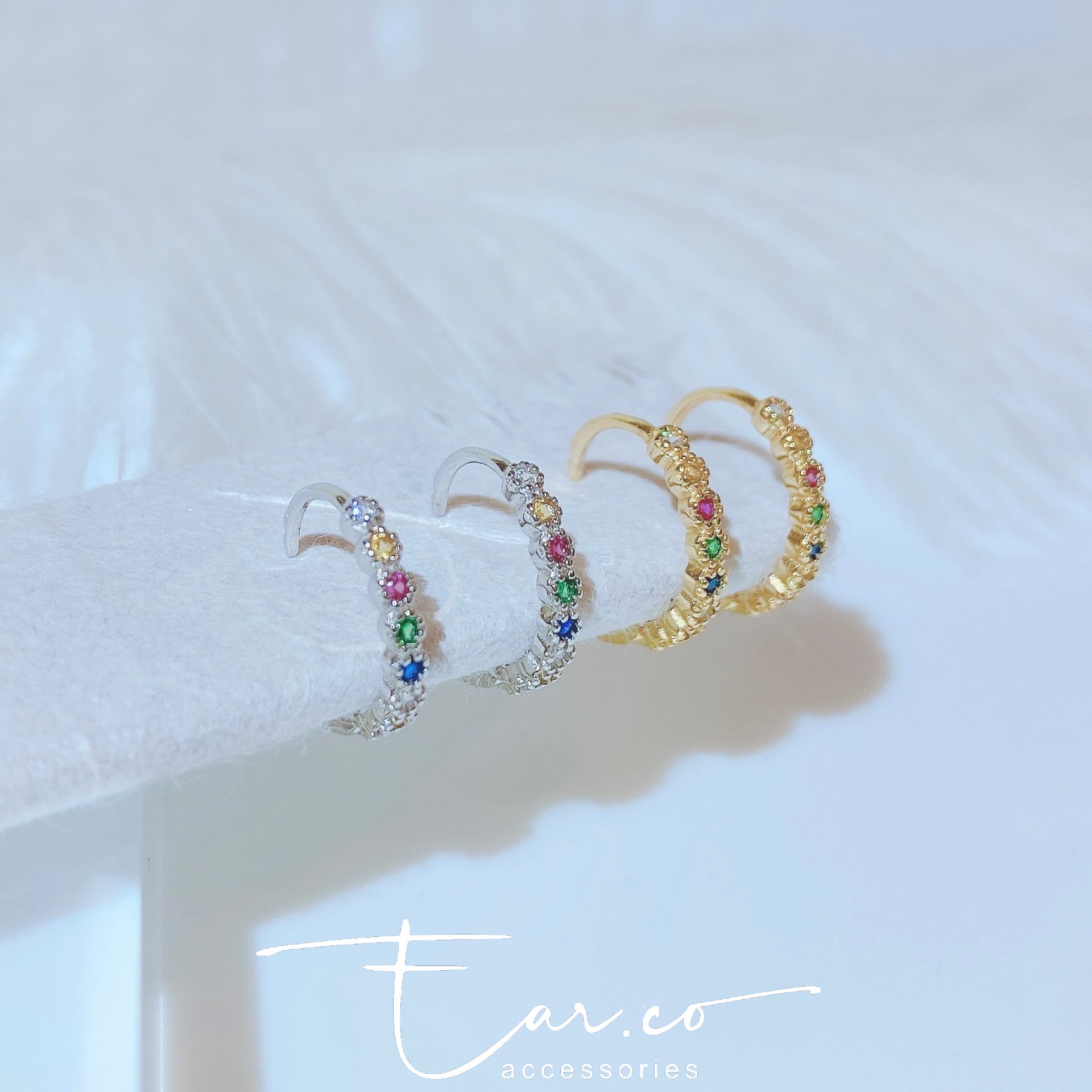 Rainbow寶石鑲鑽純銀耳圈 [睡覺不用脫! ] #A745