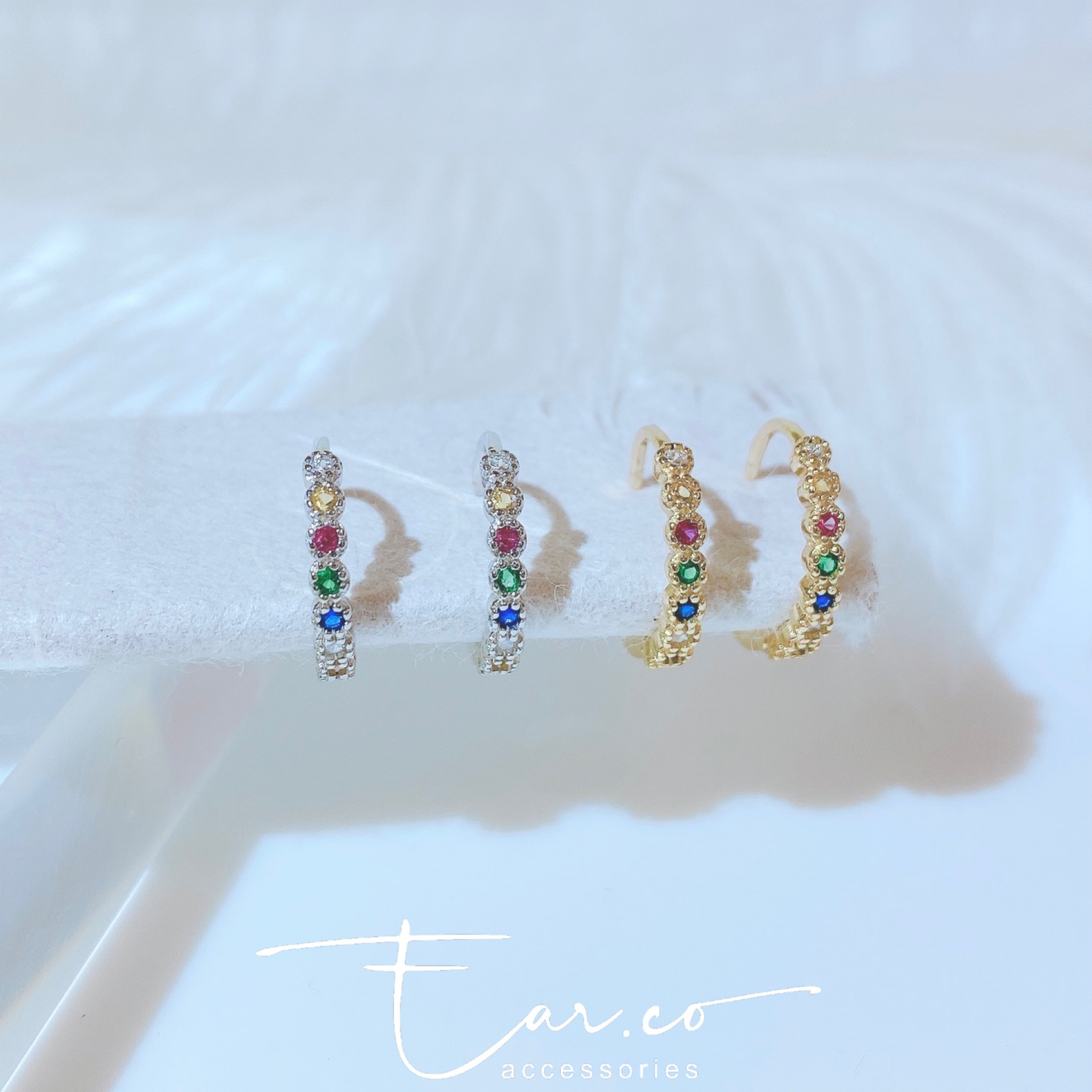 Rainbow寶石鑲鑽純銀耳圈 [睡覺不用脫! ] #A745