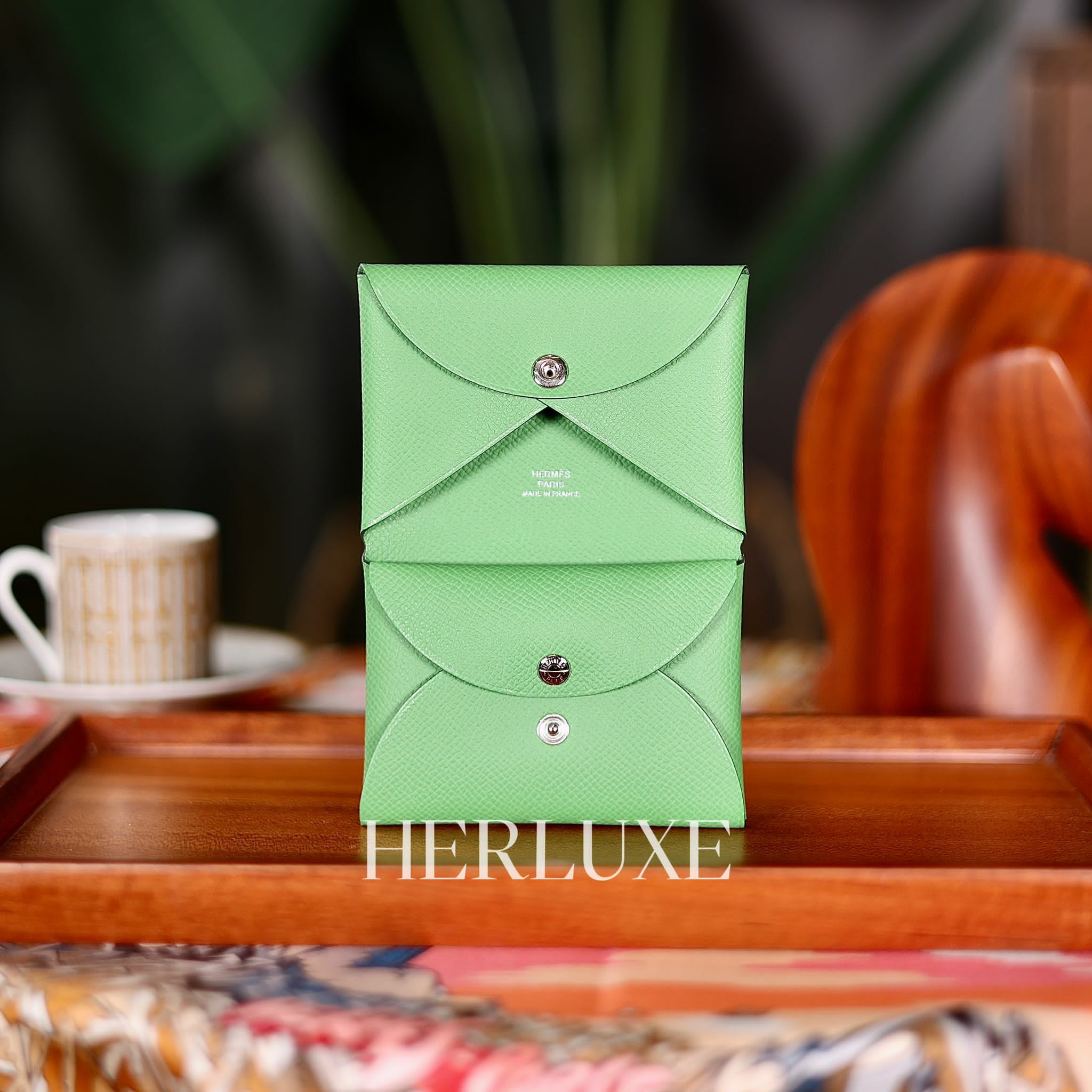 Calvi duo card holder A8 vert yucca epsom