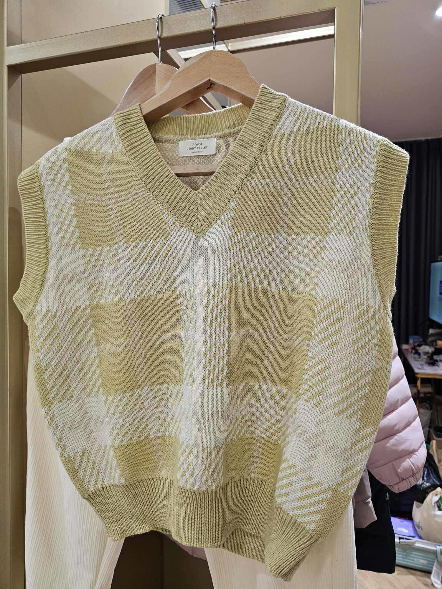 OSUNSHINESHOP  格仔雙格纹V領針織毛衣背心馬甲 青色