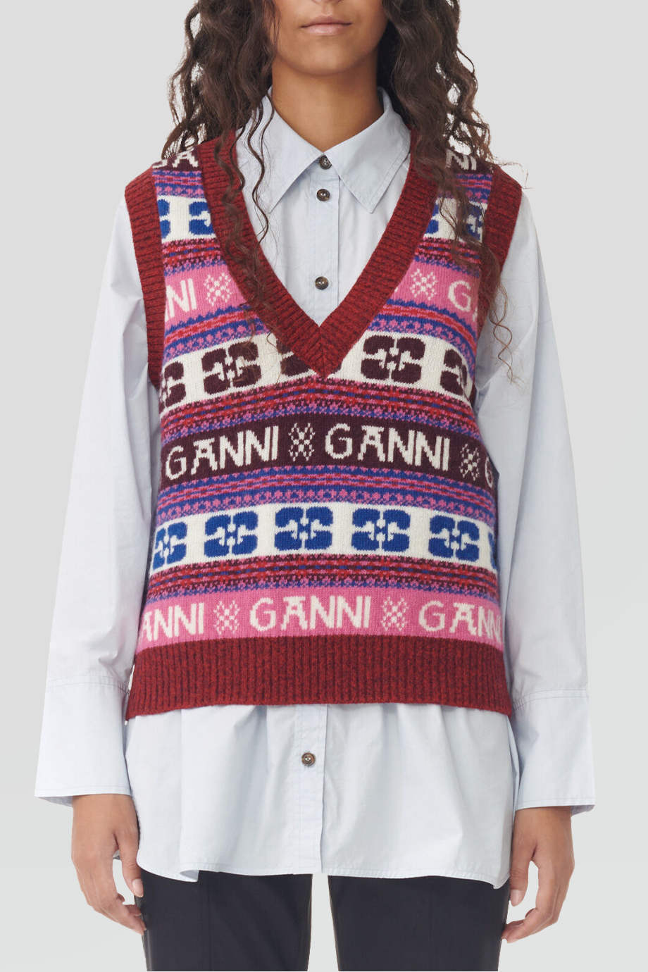GANNI｜LOGO V領提花針織背心