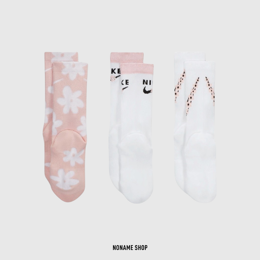 NIKE EVERYDAY PLUS 日系 櫻花 小花 長襪 三雙一組 襪子 粉白