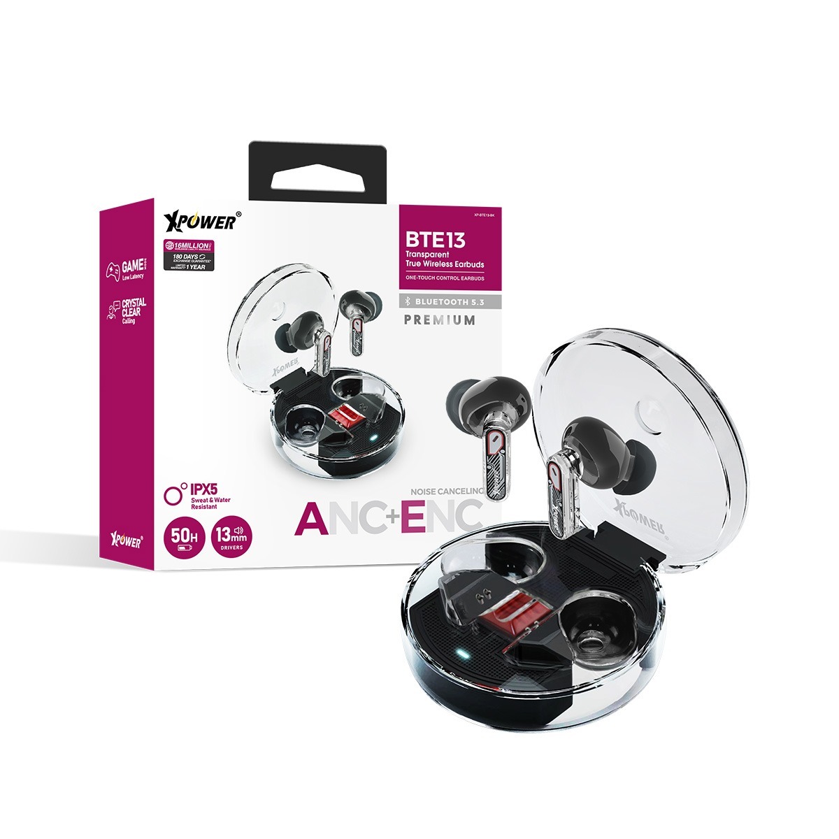 XPower BTE13 型格透明ANC+ENC主動降噪藍牙5.3藍牙耳機