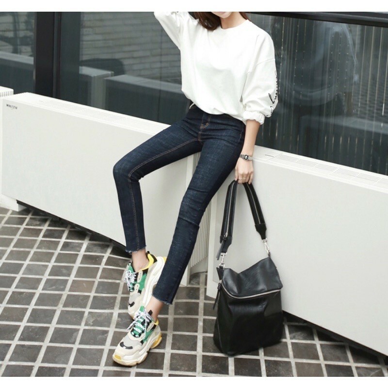 026深藍鉛筆彈性褲頭牛仔褲