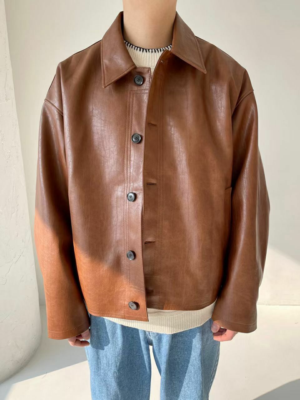 反領開胸合成皮褸 JK2493