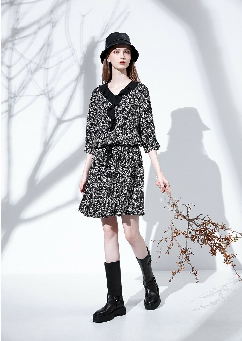 OL韓系時尚印花優雅甜美氣質雪紡修身洋裝T6262