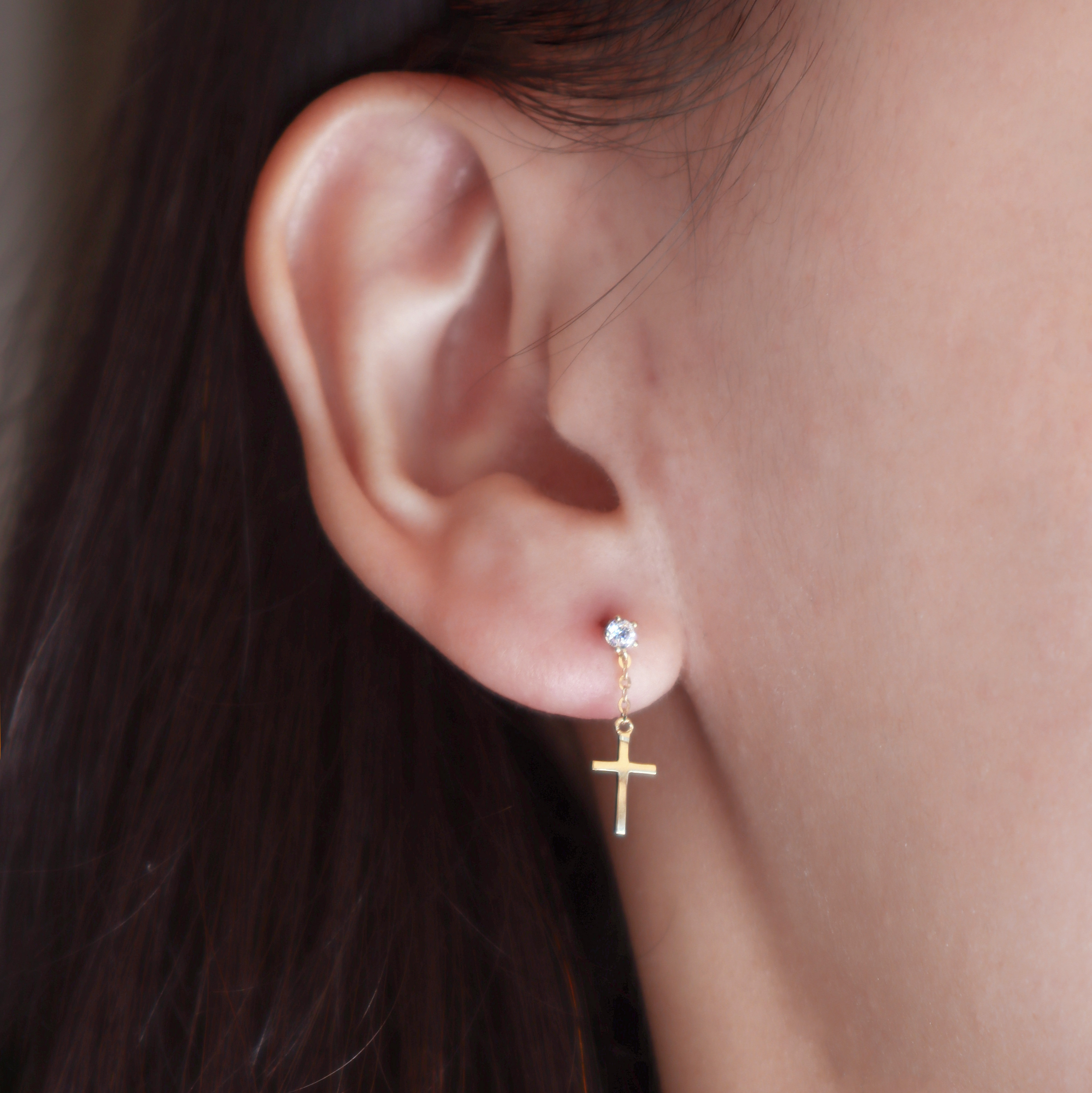 10K/垂掛鑽鍊十字耳環