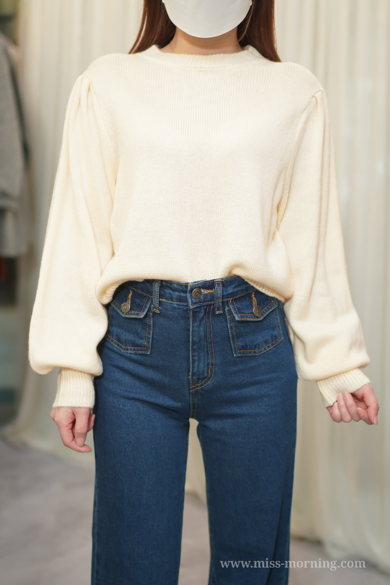 泡泡袖後格仔織紋上衣(13685)