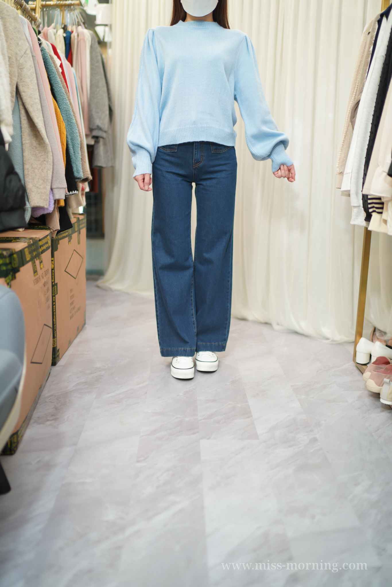 泡泡袖後格仔織紋上衣(13685)