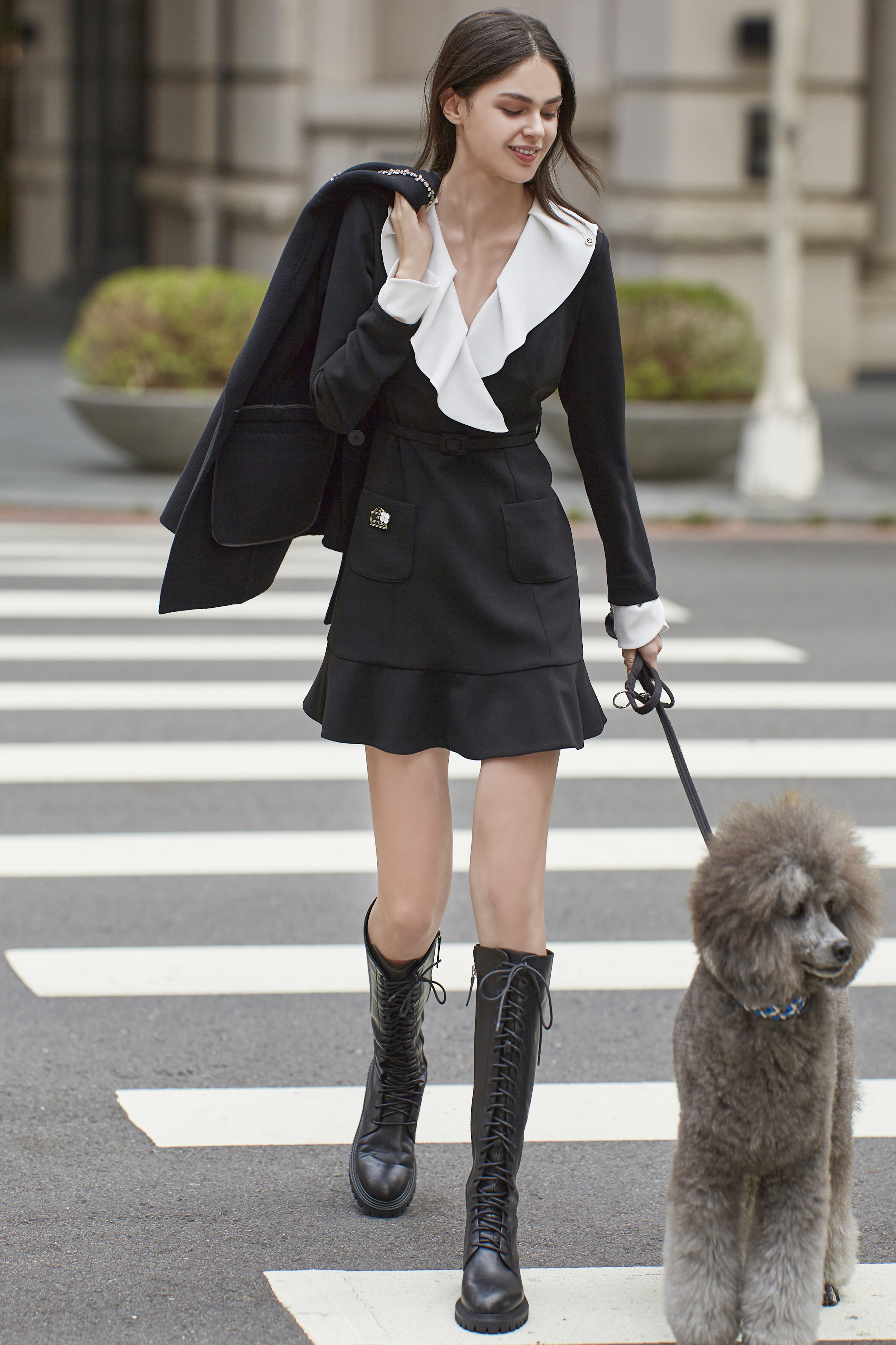 BC15015E1荷葉V領短洋裝(附領片/袖片/腰帶)