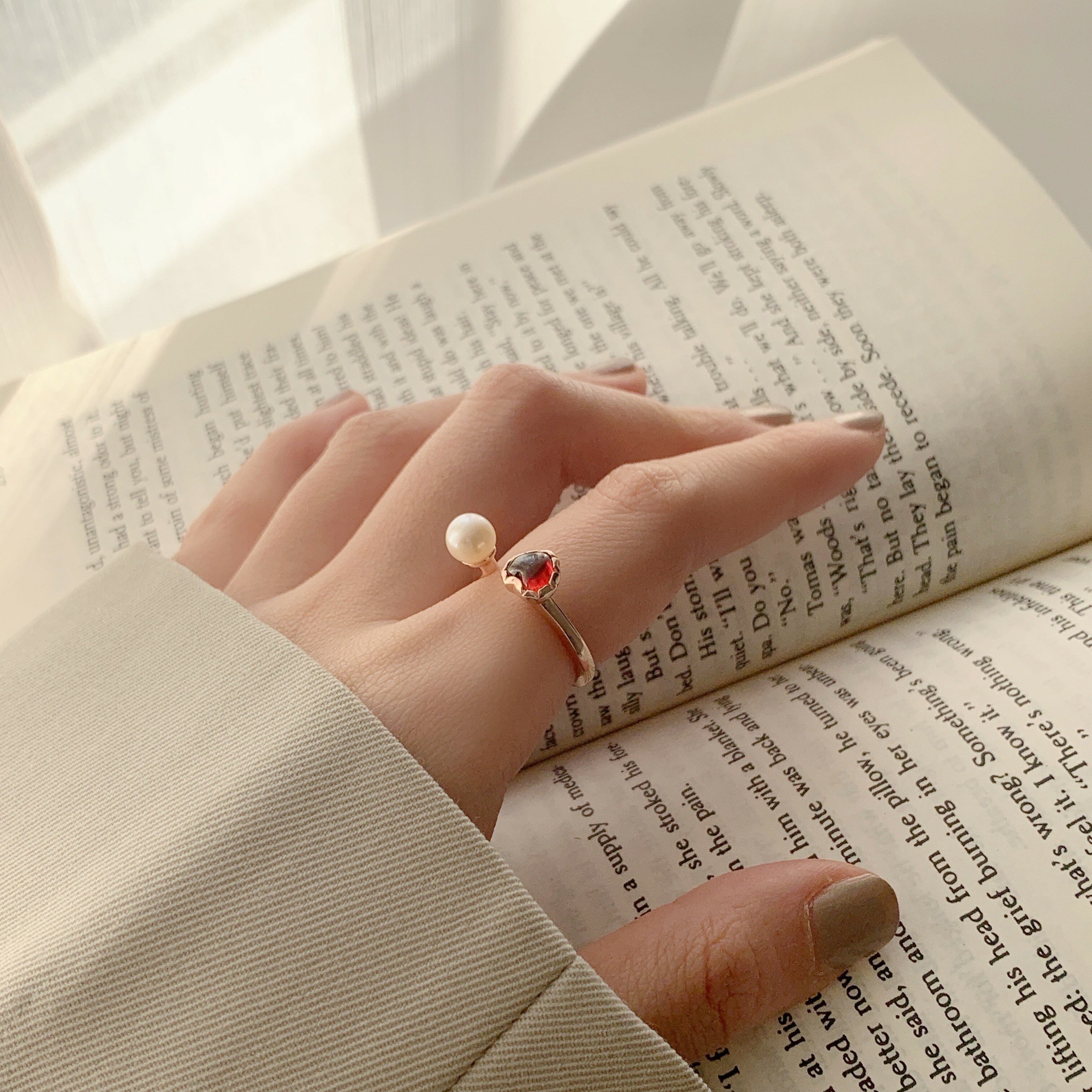 QQ heart石榴石大珍珠可調戒指
