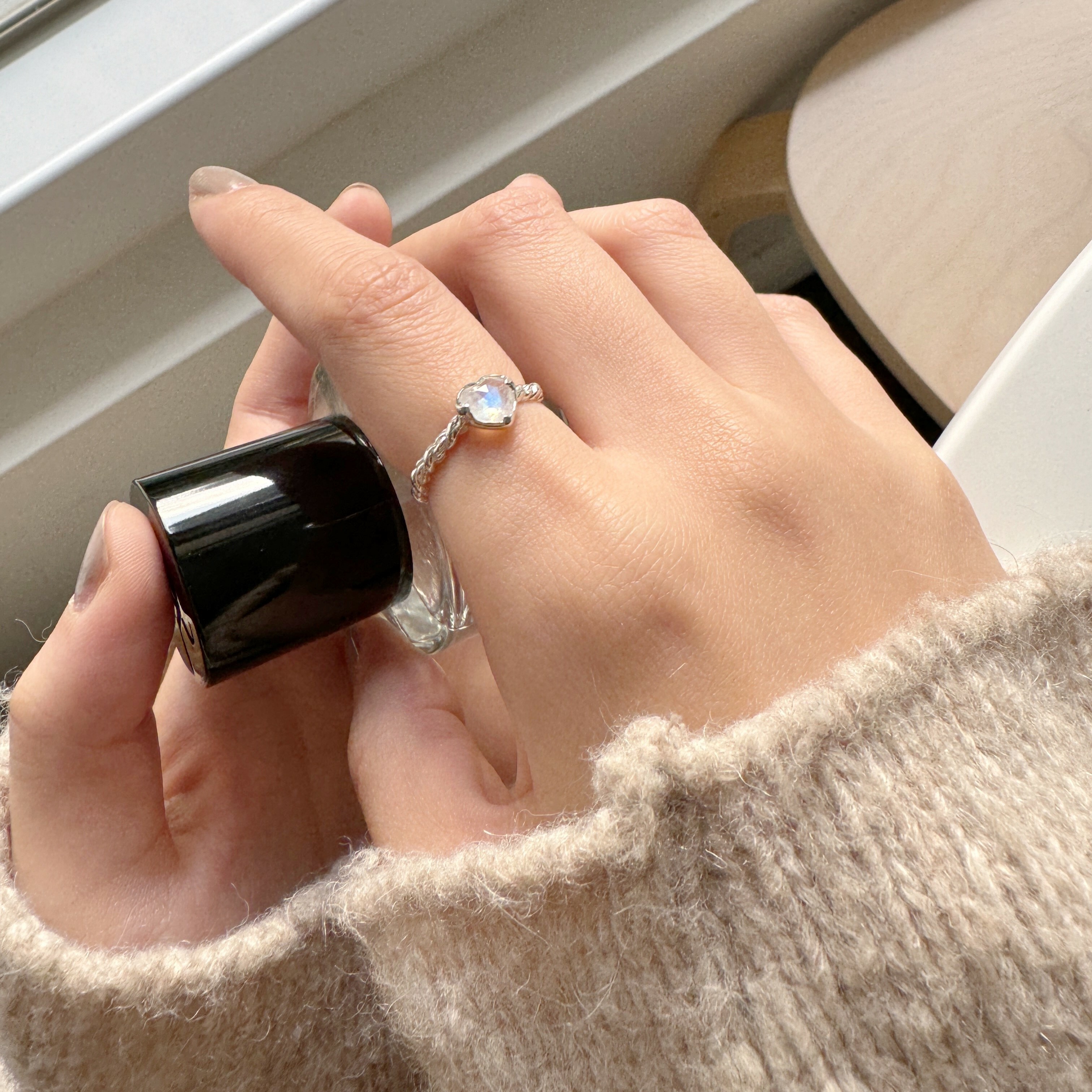 Melting heart月光石麻花厚戒指