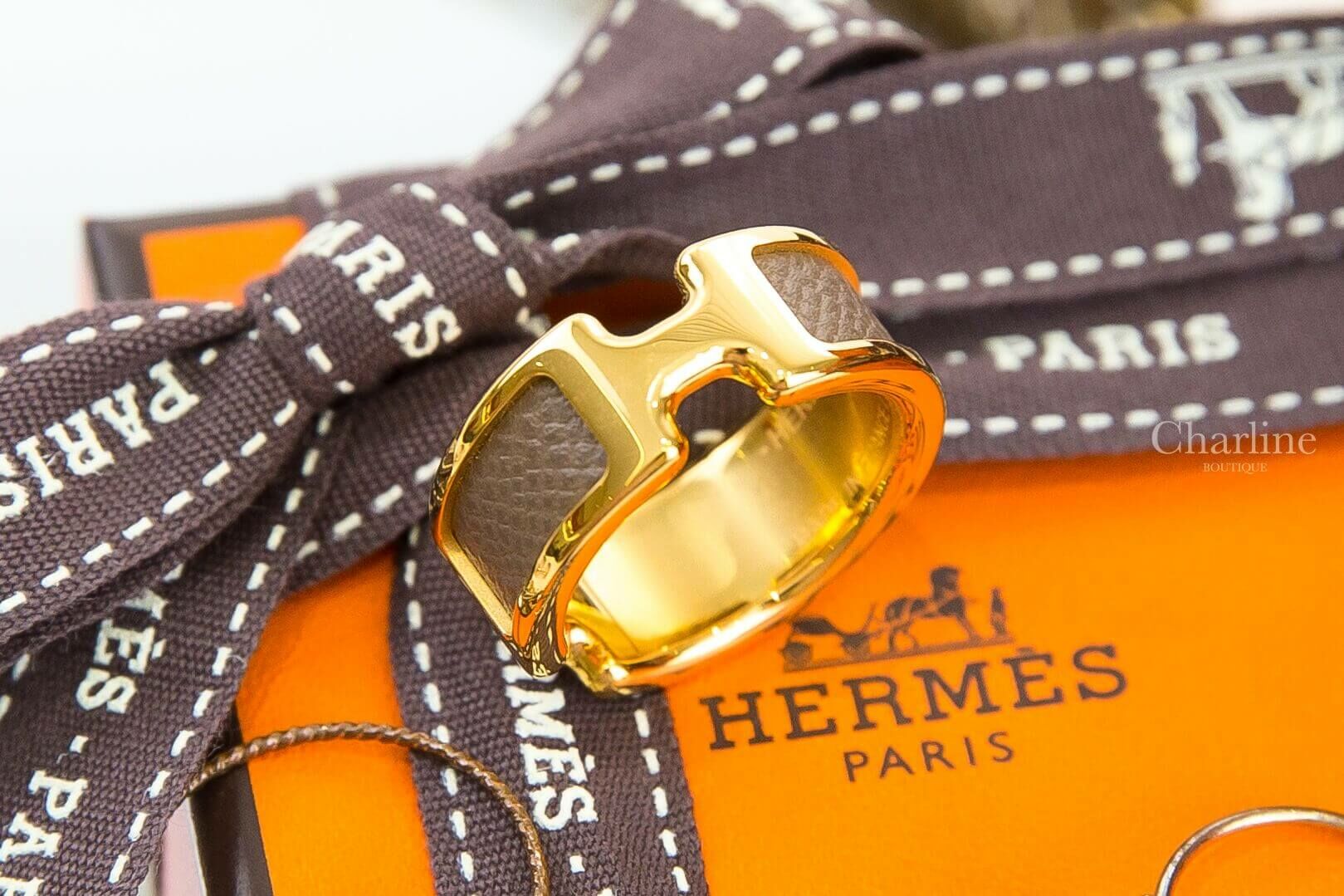 Hermès Olympe Ring Small Model 金色H大象灰小牛皮小型戒指