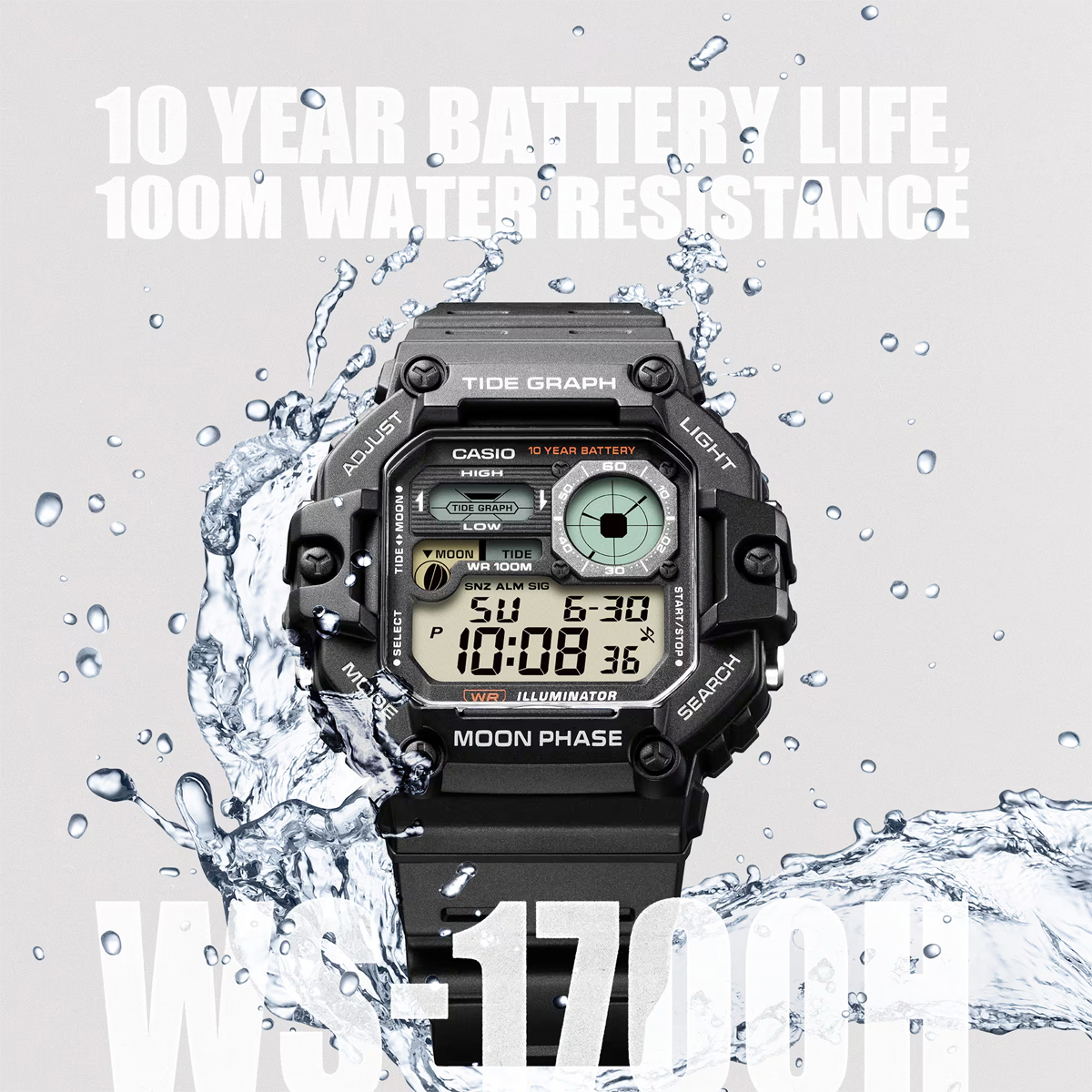 CASIO WS-1700H-1A 潮汐圖 月相 10年電 100m防水 跳字 膠錶