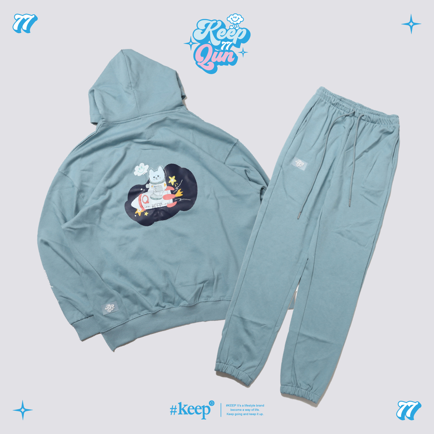 [特價售出無退換] #KEEP x QUN 峮峮聯名款 藍綠色 宇宙貓 火箭 標語 印花 套裝 長棉褲 帽T【KS199】【KS200】