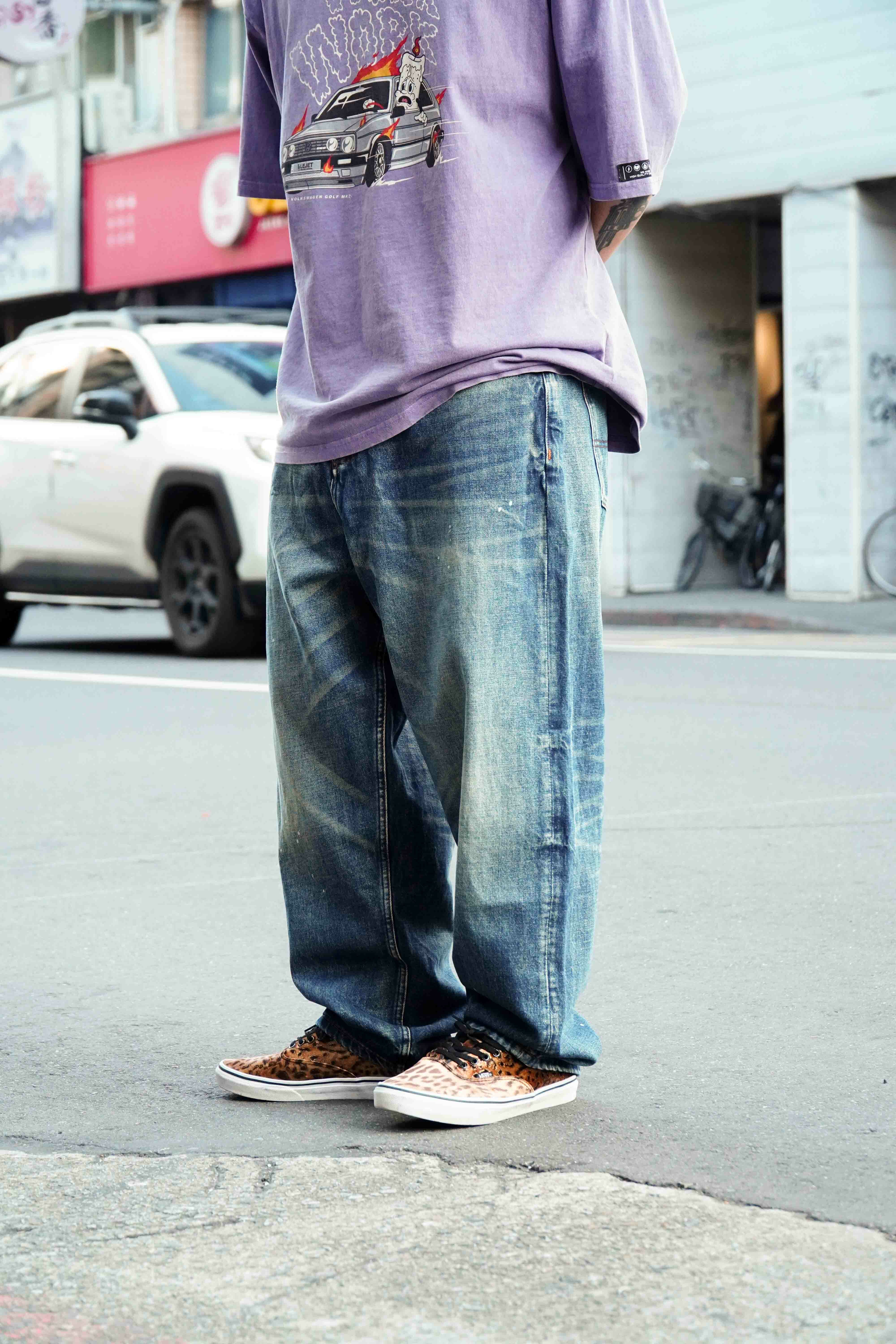 『Always_Good』日系 復古 水洗 做舊 貓鬚 潑墨 錐形 牛仔褲