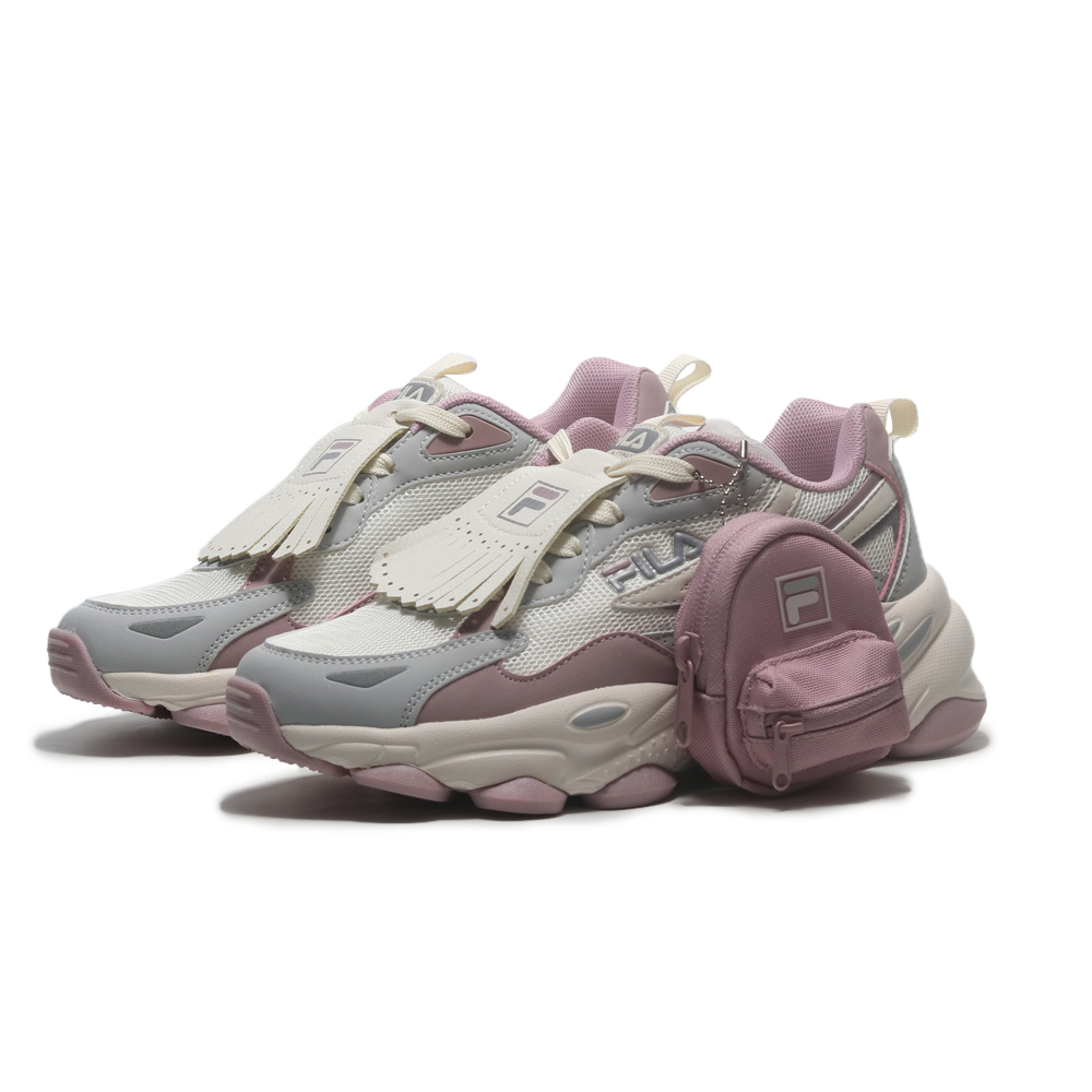 【下殺↘ $1290】FILA 休閒鞋 米灰粉 流蘇 小背包 老爹鞋 女 5J318Y754