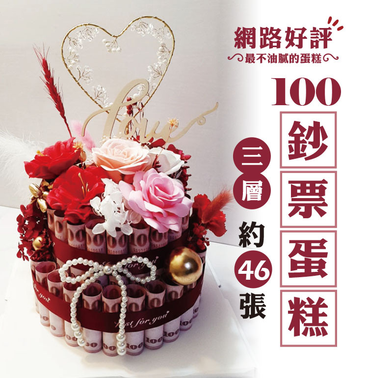 二層百元鈔票蛋糕,鈔票乾燥花蛋糕,有錢蛋糕,公仔鈔票蛋糕