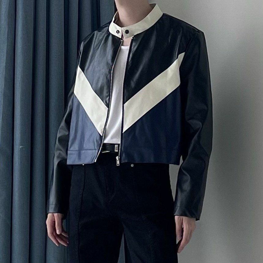 企領拼色拉鍊合成皮褸 Crunky_youth-005JK