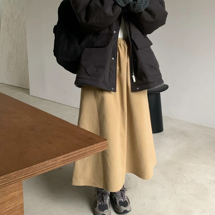 韓國 REVE 優雅的鬆緊打摺長裙 卡其