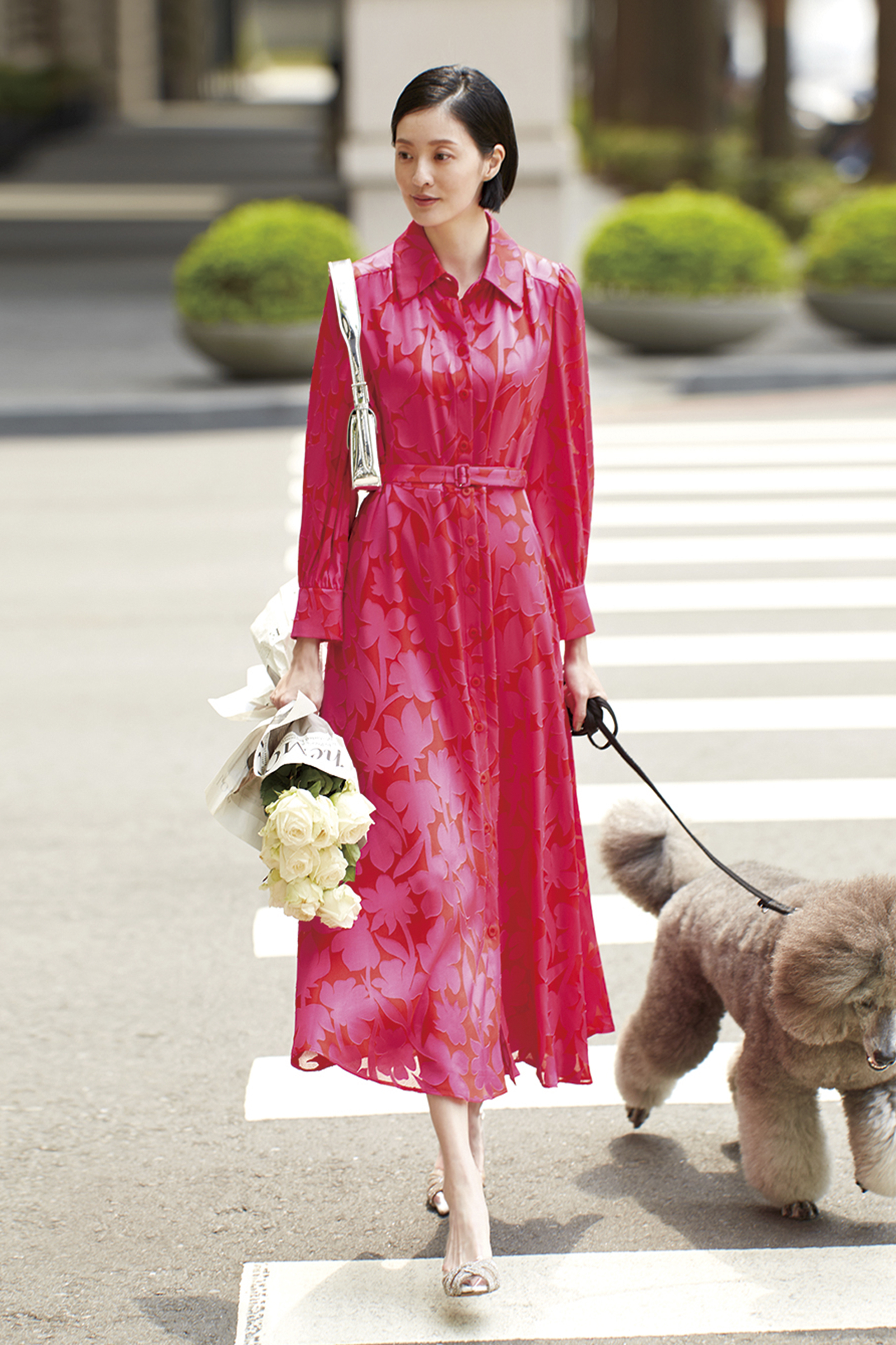 BC15010E1桃紅玫瑰繞花長洋裝(附本布腰帶)