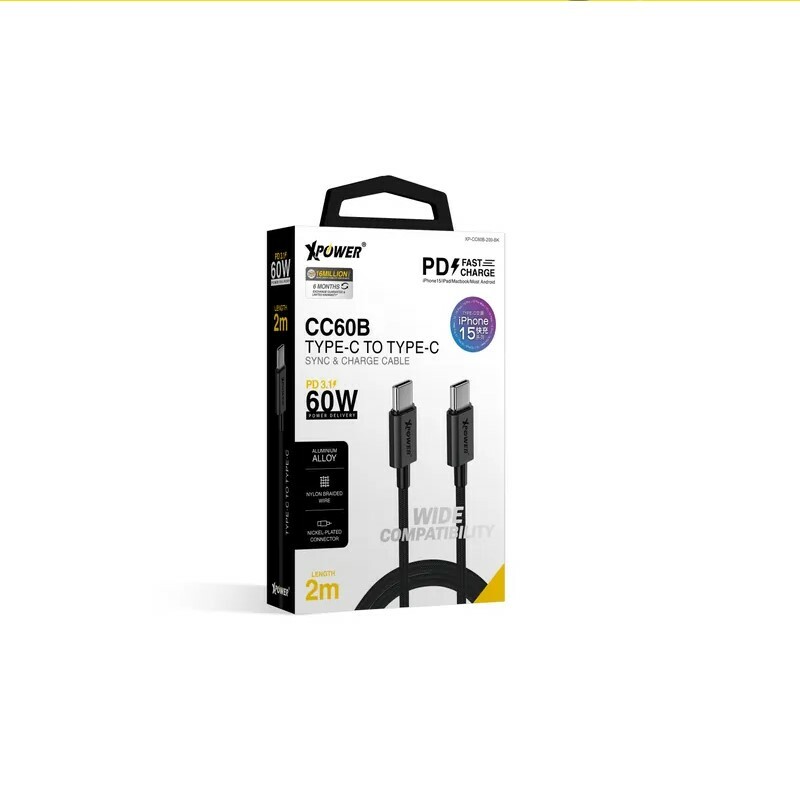 (2026新年限時優惠) XPowerCC60B 2m 鋁合金60W高速傳輸充電Type-C>Type-C線 - Black