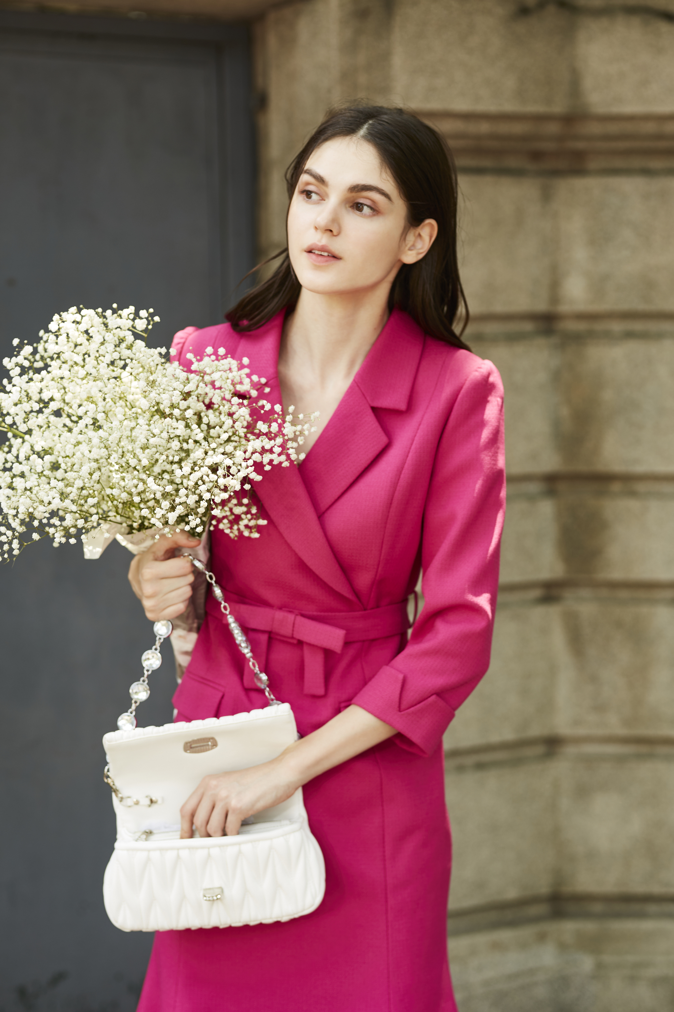 BC15116E1 玫瑰花園收腰微喇西裝中長洋 (附綁帶)