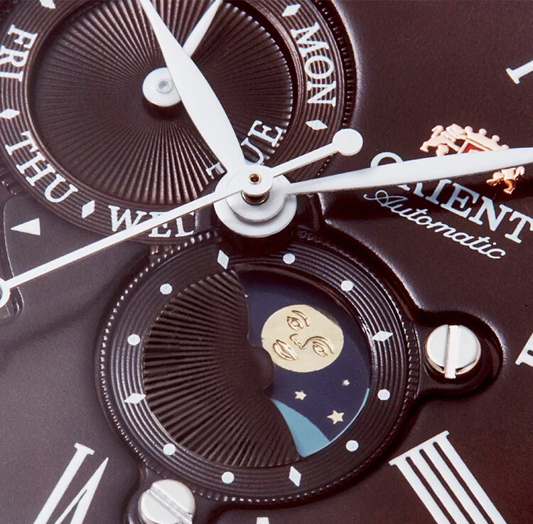 萬年鐘錶 - 東方錶  ORIENT  玫瑰金框月象機械皮革男錶  RA-AK0009T  錶徑 42.5mm