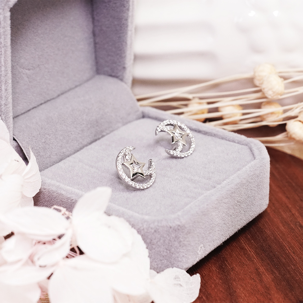 限量 星月輝映 925純銀耳環 耳針式 電鍍 白K金 鑲鑽 女生耳環