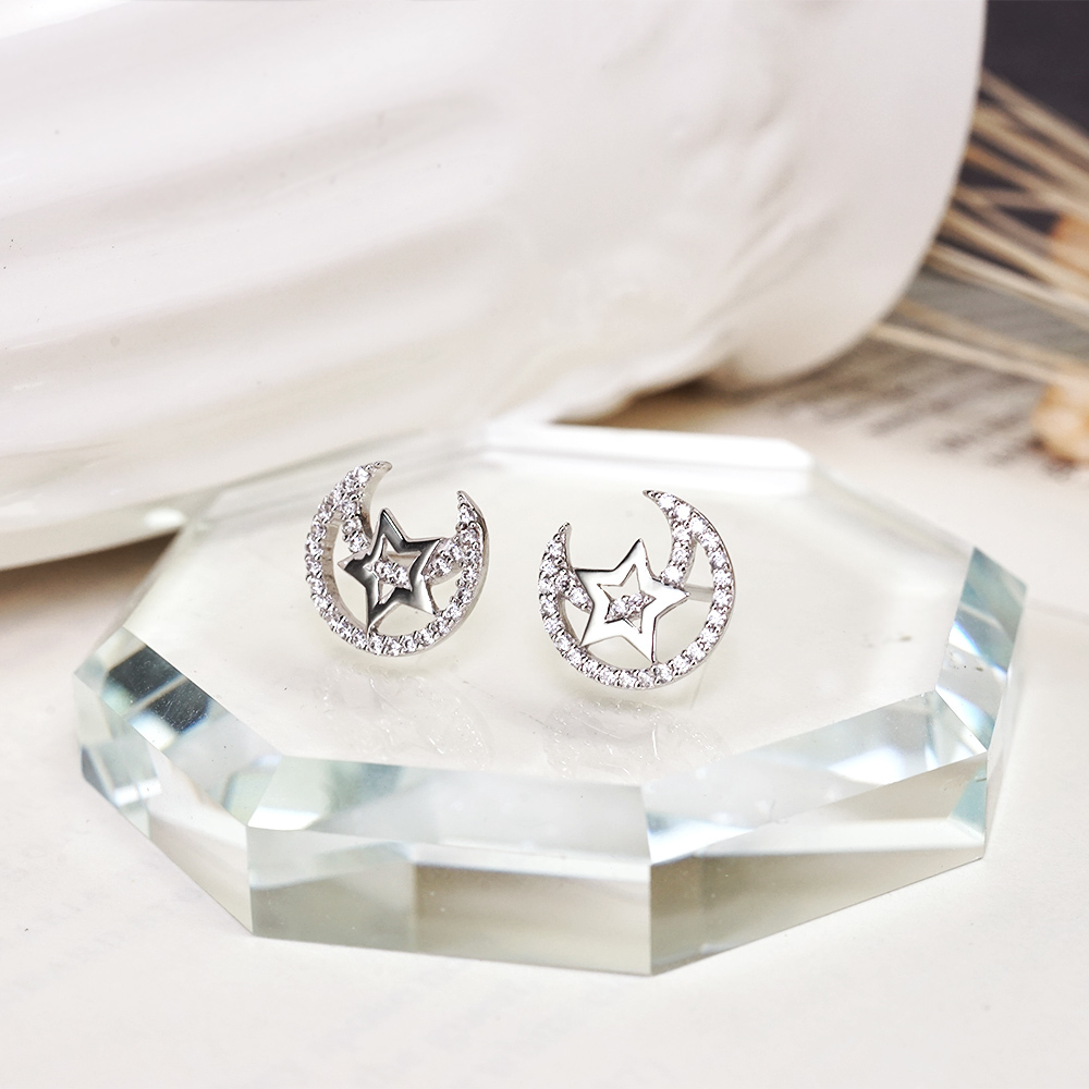 限量 星月輝映 925純銀耳環 耳針式 電鍍 白K金 鑲鑽 女生耳環